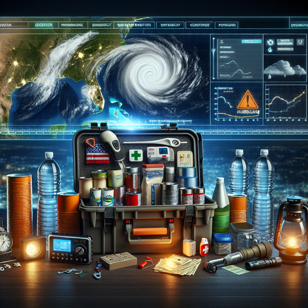 An image depicting the concept of emergency preparedness for the hurricane season. At the center is a well-stocked emergency supply kit including water bottles, canned food, flashlights, batteries, first aid items and a battery-operated radio. The background displays a large, detailed map tracking the path of an approaching hurricane, illustrated with a swirling, menacing storm symbol. The scene is illuminated by the glow of a weather forecast on a flat-screen monitor, displaying a hurricane symbol and high alert warnings. On the edges of the scene are essential documents like insurance policies, securely enclosed in waterproof pouches.