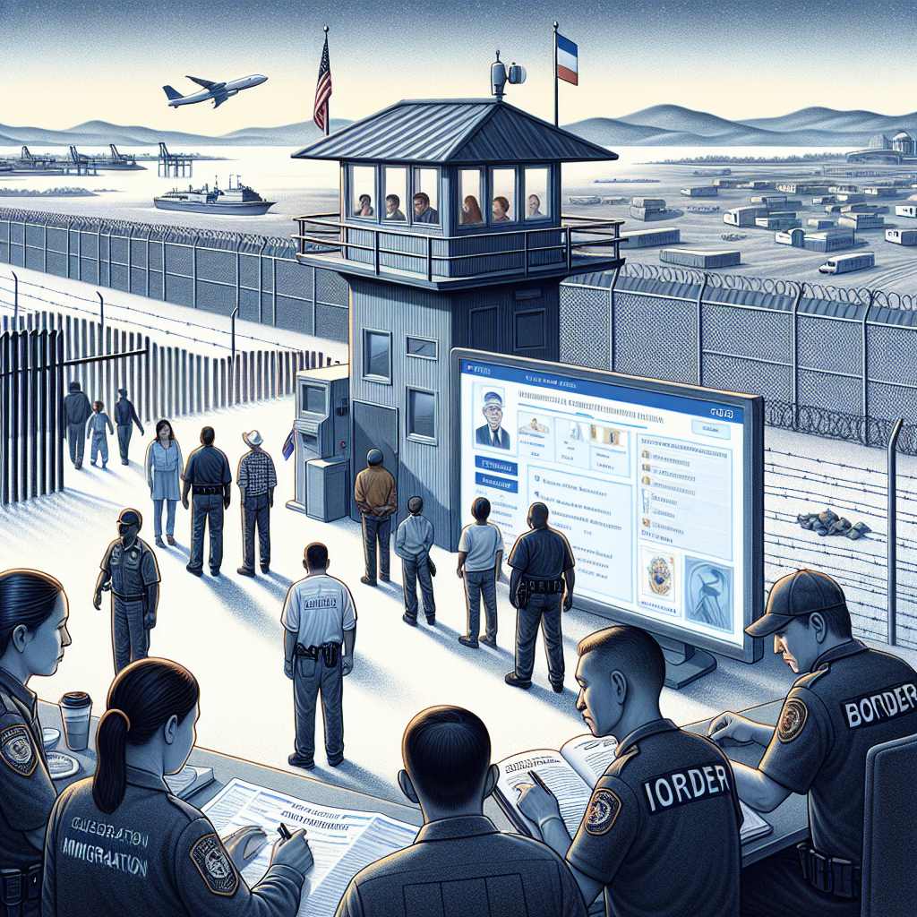 An illustrative representation of the concept of border security. Include elements such as a border fence, a watchtower, alongside immigration documents, and a digital touch screen displaying real-time updates. Show individuals of various descents like Caucasian, Hispanic, and Asian, possibly representing immigration officers and immigrants, in a respectful and dignified manner. Please ensure the scene depicts fairness, integrity, and the courage of those who seek a new life. The foreground should be the immediate border area while the background could show a distant city skyline to represent destination and hope.