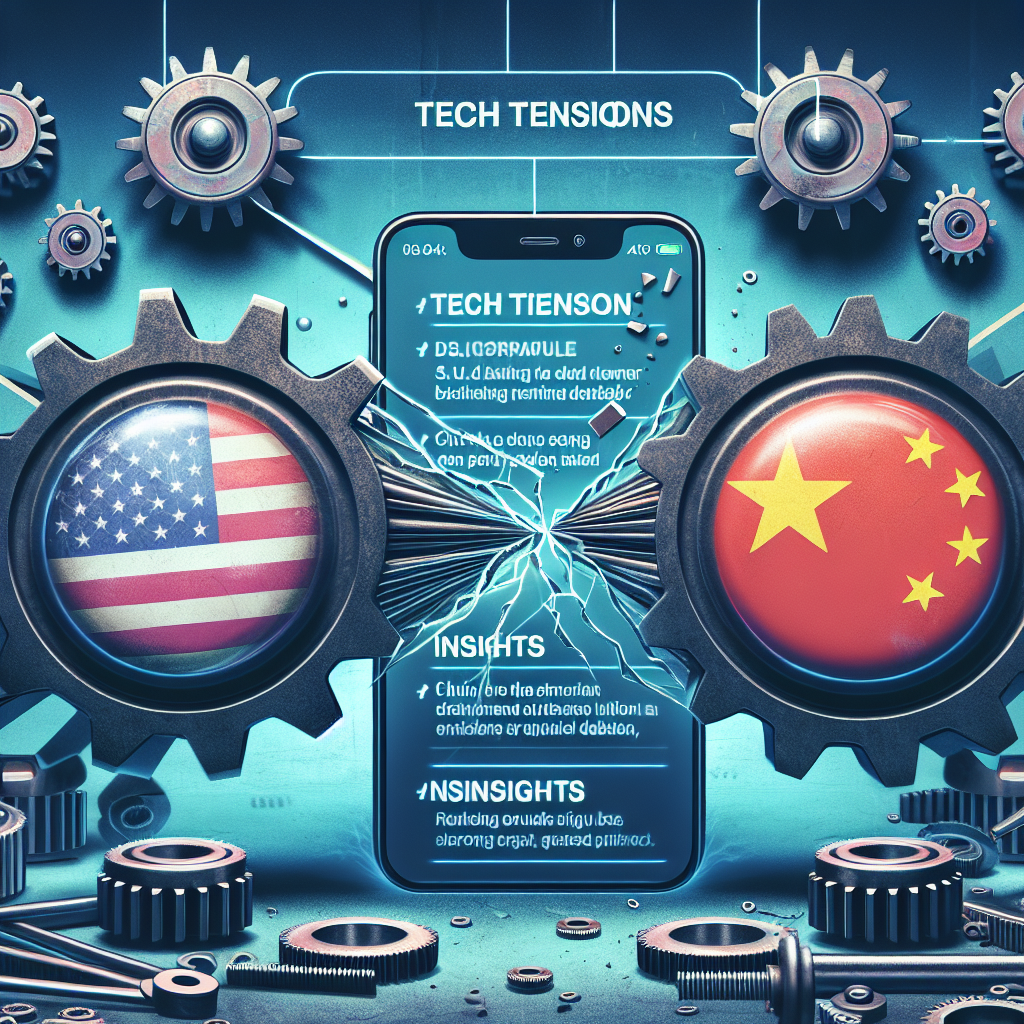 Imagine the abstract concept of tech tension between two nations. Picture a symbolic representation of two giant gears, one bearing the flag of the United States and the other the flag of China, grinding against each other. In between, there's a smartphone screen displaying a generic short video app interface being cracked and squeezed due to the pressure. Around these, key phrases such as 'Tech Tensions', 'Ban Debate', and 'Insights' float in an informative, editorial layout. The overall aura of the image should exude intensity and conflict.