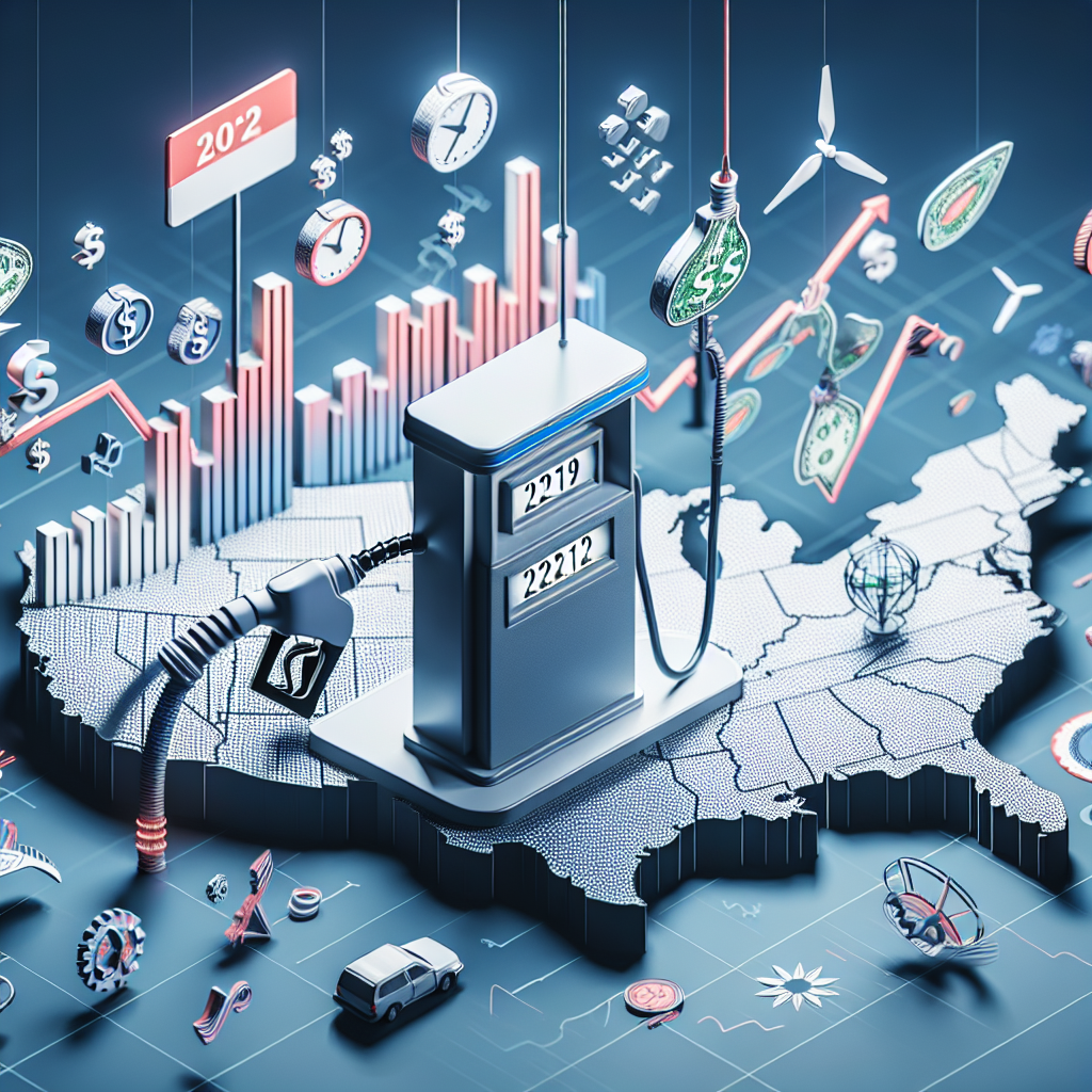 Imagine the scene as a series of energy-related symbols and icons over a map of the United States. A large gas pump station with decreasing price indicators sits at one end, representing the falling gas prices. There's a large calendar icon displaying '2022' hovering over it. Various energy policy changes are depicted by abstract icons - perhaps a renewable energy symbol such as a wind turbine become larger, suggesting a shift towards green energy. The visually apparent changes in the energy sector symbols may denote amendments in US energy policy.