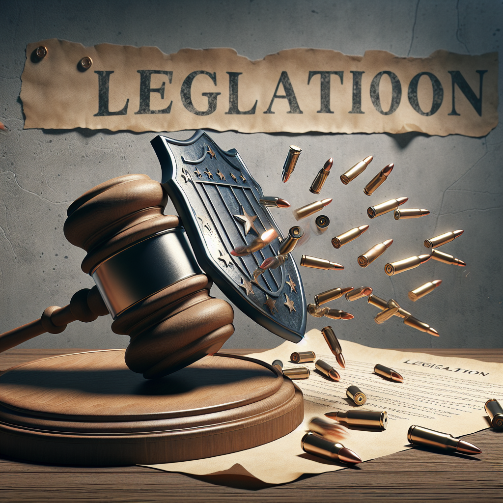 Illustrate a scene that metaphorically represents Federal Gun Control Legislation as a protective shield combating gun violence. In the foreground, show an oversized gavel, symbolizing legislative power, hitting a scattering set of bullets, representing gun violence. Also, depict a parchment paper in the background with the faded words 'Legislation' and 'Gun Control'. The scene should have a serious tone to echo the gravity of the topic.