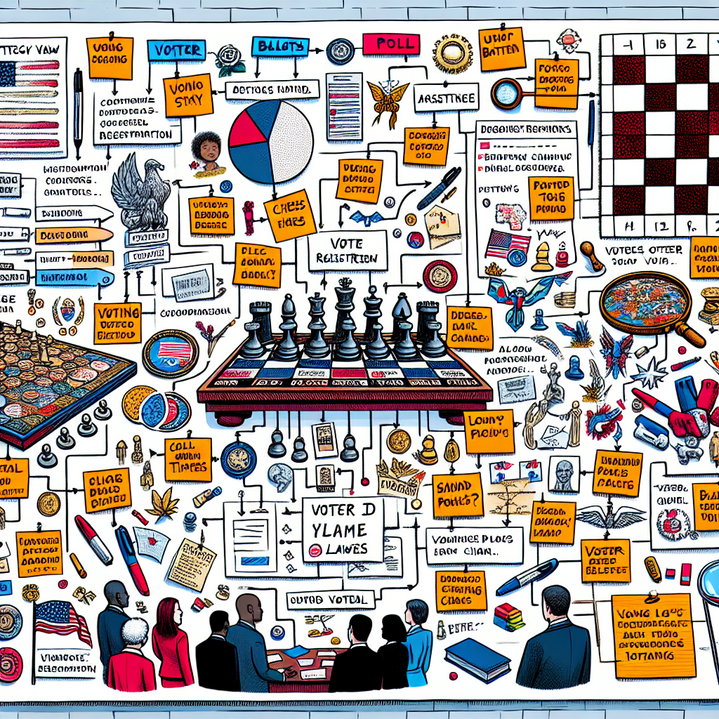 Create a detailed image of a large strategy board filled with notes, post-it reminders, and intricate mind maps. Elements should represent the various components of voting law changes like voter registration, absentee ballots, poll times, and voter ID laws. Display various tools of strategy development, such as a chess pieces, a magnifying glass analyzing important points, and colorful markers. On the side, depict a diverse group of people – a Hispanic male, a Caucasian female, a Black male, and a South Asian female, all in deep discussion, probably strategizing for post-election success.
