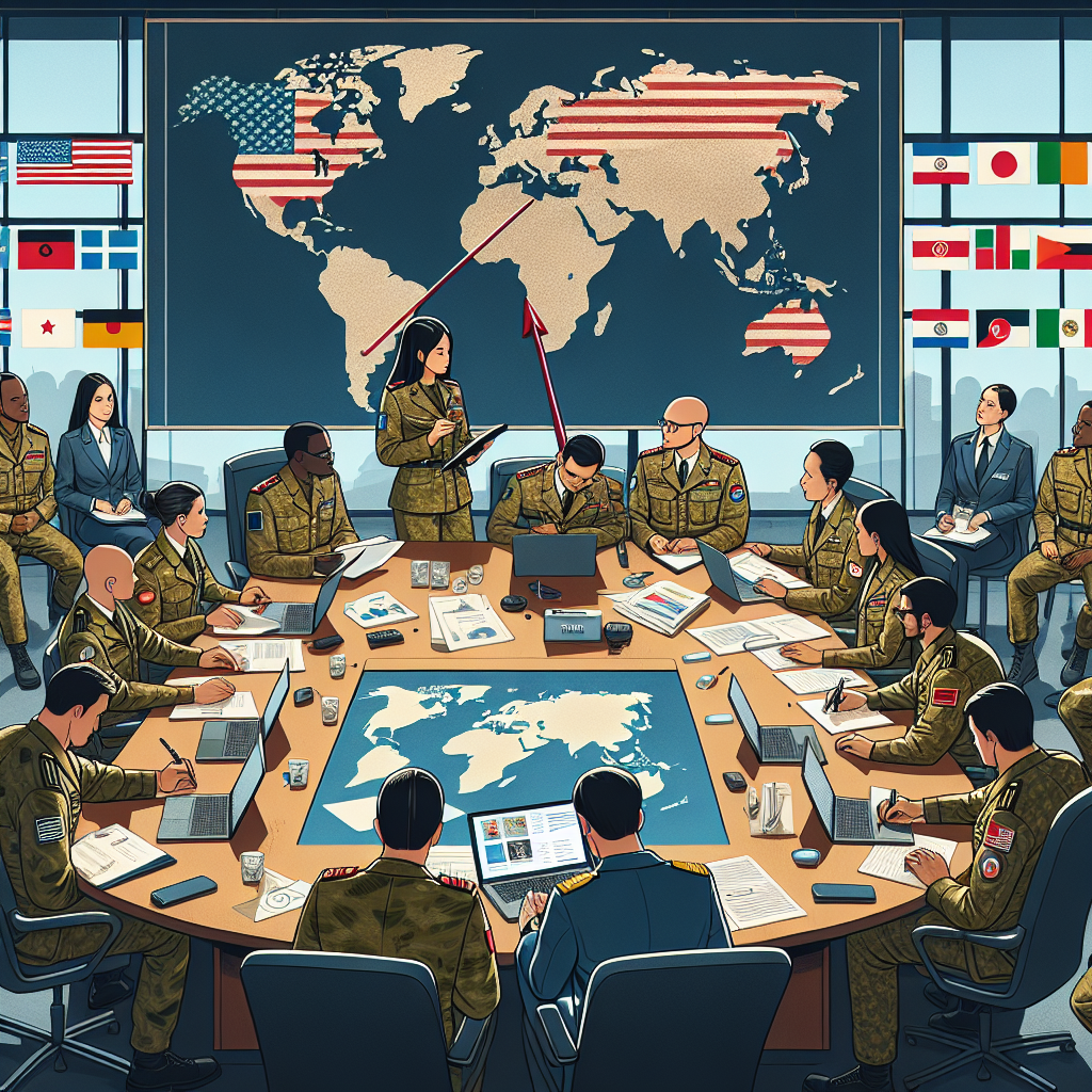 Illustrate an intense strategic session happening inside a room filled with a large world map and various flags. The room is bustling with diverse military officials in uniform. A Black female officer is giving a presentation about global military aid strategy while an Hispanic male officer takes notes on a laptop. Also present are a Middle-Eastern female officer studying the world-map and a Caucasian male officer discussing with a South Asian male officer. Also visualize important documents, strategic plans, red pointer stick, and the prevalence of technology (like laptops, projectors). Don't include recognizable insignia or specific nation's military uniforms.