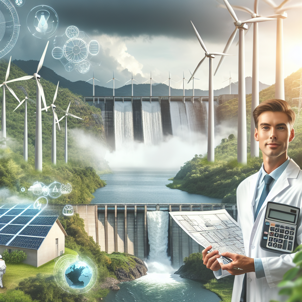 Show an image of a clean energy landscape. Include wind turbines spinning gently in the breeze and solar panels capturing the sun's energy. A hydroelectric dam can be seen towards the background. To one side, place an individual, perhaps a Caucasian female environmental scientist, who holds blueprints for an energy-efficient building. Also include a mixed-race male investor looking at some documents, possibly a plan for investing in clean energy. The foreground holds lush, restored natural scenery, hinting at a healthier planet as a result of such initiatives.