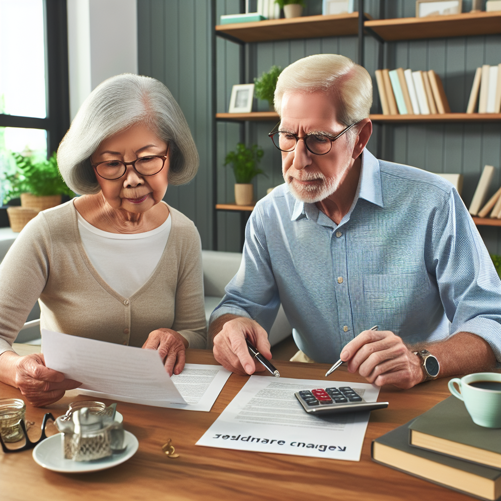 An image represents an elderly Asian woman and a Caucasian man in their 70s, sitting at a wooden table. They are intently reviewing documents labelled 'Medicare Changes'. On the table, there are also a calculator, eyeglasses, and a cup of coffee. Behind them, a bright and well-organized home office with bookshelves full of books and green plants. The mood of the scene evokes resolution and calm, demonstrating their proactive approach to navigating new healthcare policies to reduce costs.