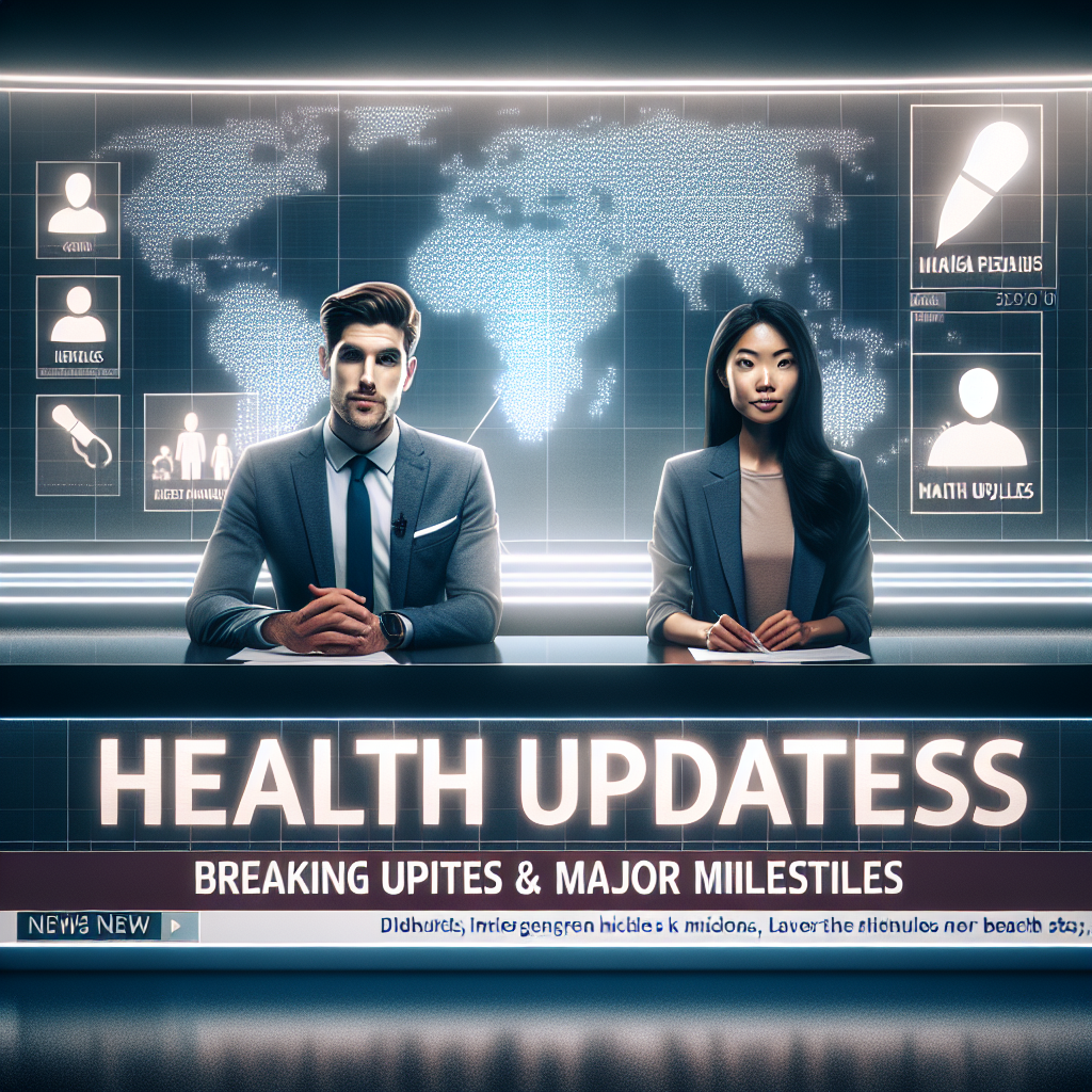 A dramatic depiction of a news desk with a headline banner along the bottom reading 'Health Updates: Breaking News & Major Milestones'. The desk should have a mixed-race male anchor wearing a professional suit, and an Asian female anchor also looking professional. Behind them should be a large screen showcasing icons or generic silhouettes to represent individuals. The atmosphere should convey a sense of urgency and importance, indicative of a live broadcast of a breaking news segment.