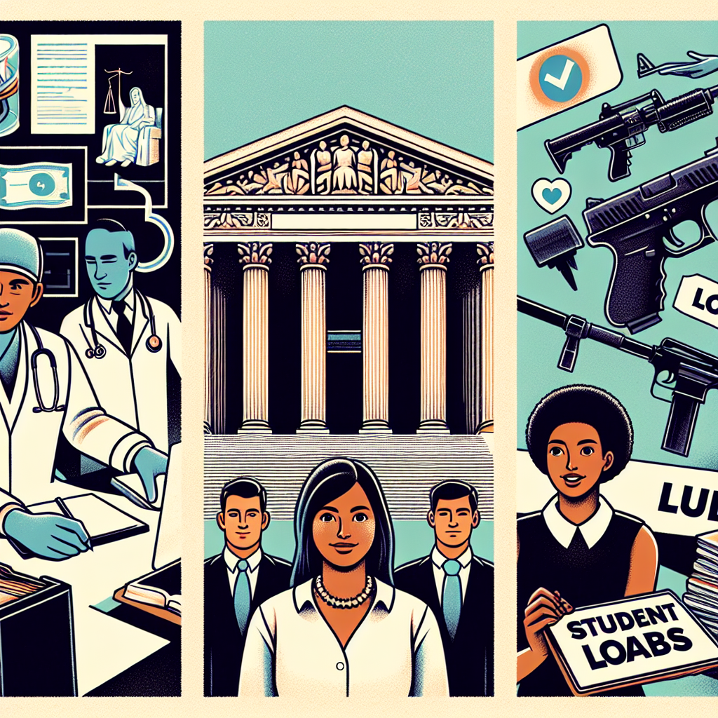 An illustrated collage showing three main themes: medical aspects of abortion with diverse professionals, balanced representation of gun control laws with both pro and con viewpoints, and a depiction of student loans as heavy burdens on both male and female students of varying descents. There is also an image of an imposing, classical architecture building symbolizing the Supreme Court. Please emphasize the themes equally and avoid glorifying or vilifying any side of the issues.