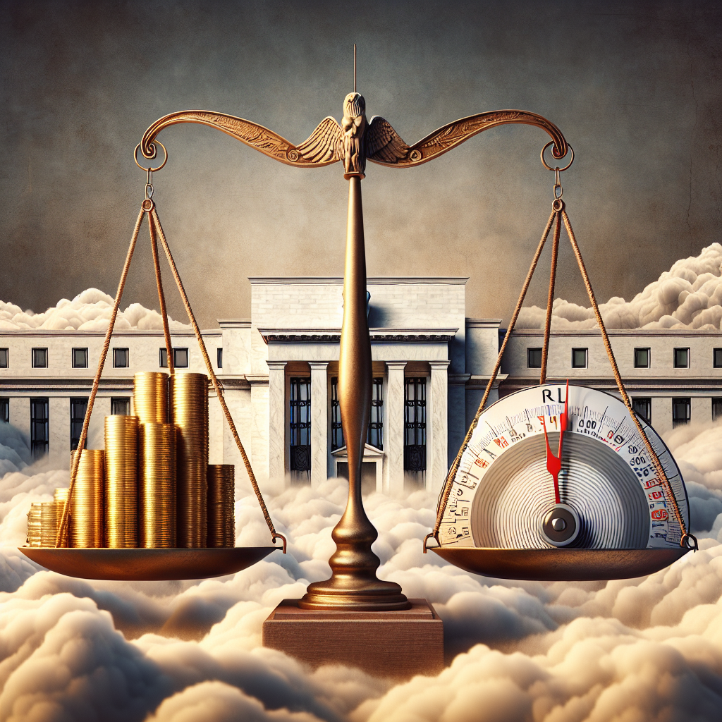 A symbolic depiction of the Federal Reserve's influence on inflation and interest rates. Visualize the scene as a grand scale with two plates. On one plate, have large stacks of gold coins representing wealth, and on the other, an inflation gauge spiralling upward. Hovering above the scale is the facade of a classical building, symbolizing the Federal Reserve. It holds strings attached to both plates, subtly implying its control. In the background, a dense cloud formation symbolizes the uncertainties and predictions of economic forecasts.