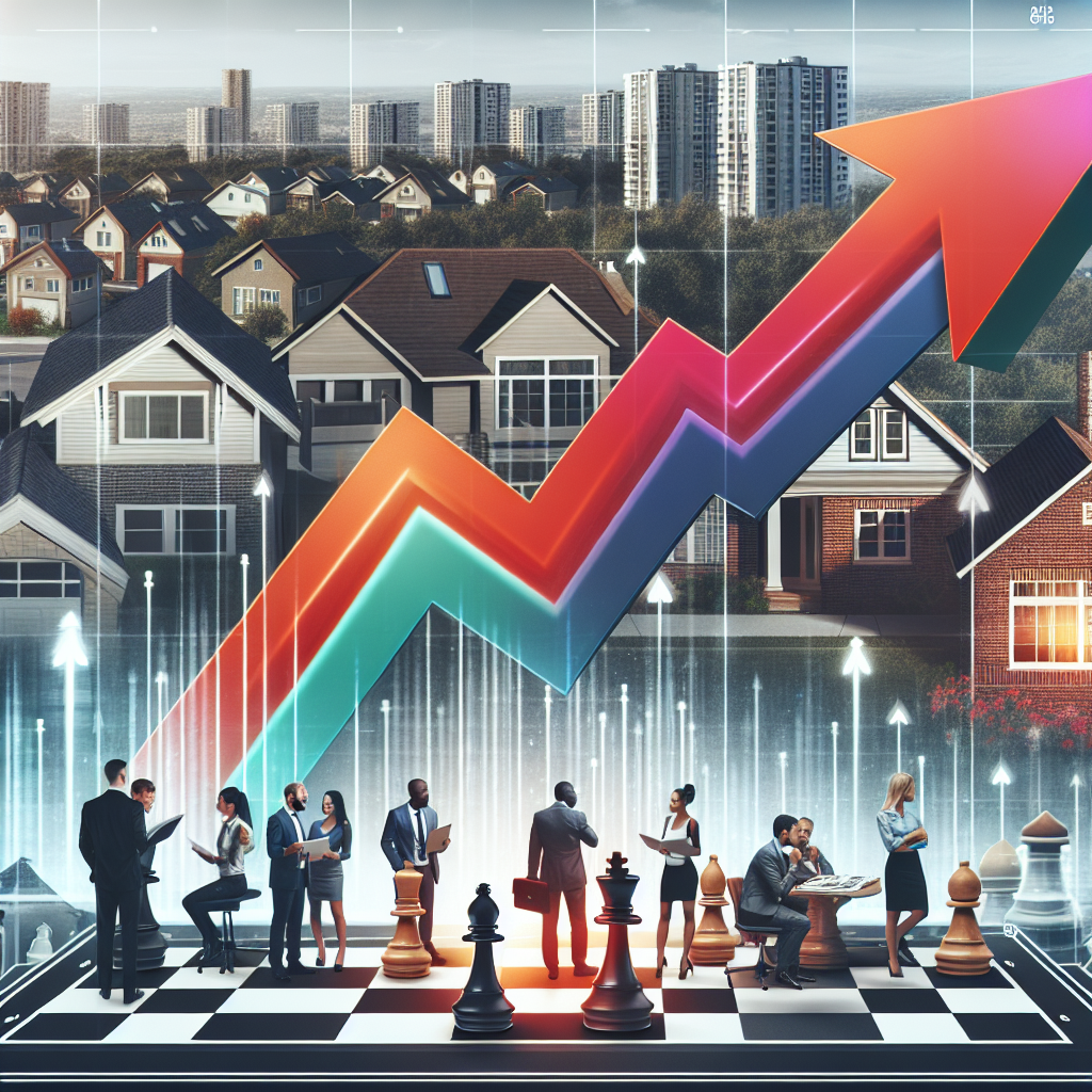 Image of a soaring arrow, representing increasing mortgage rates, set against the backdrop of a residential neighborhood with various types of houses. The arrow is color-coded to represent a 'surge'. Additionally, include a strategic chessboard in the foreground, symbolizing the best strategies to tackle the housing crisis. People of various genders and descents are seen discussing around the chessboard, illustrating collective action and strategizing.