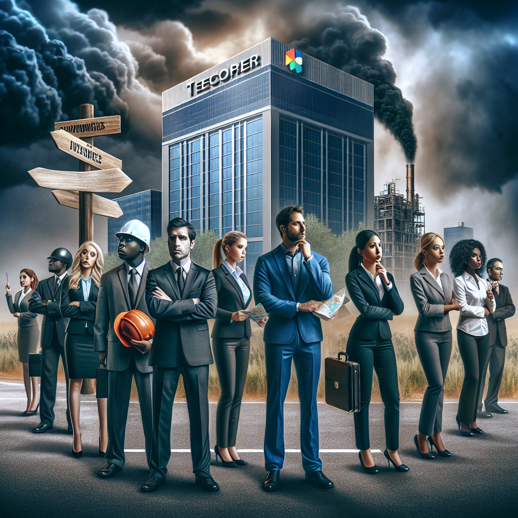 A conceptual image representing the current situation in the tech industry featuring a corporate building with signage representing a prominent tech company. Next to the building are prominent workers from varying descents such as Black, South Asian, and Hispanic dressed in business casual attire, looking concerned and/or unemployed. They are holding navigational tools such as a compass or a map suggesting ways to navigate through these trying times. The environment around them is dark, with clouds overhead suggesting a storm, symbolic of hardship and layoffs.