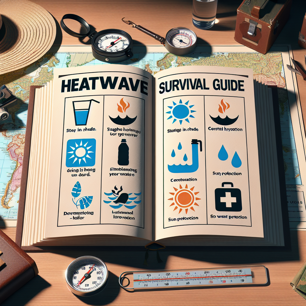 Visualise an informative and engaging scene pertaining to a heatwave survival guide. In the image, there should be a large book titled 'Heatwave Survival Guide' opened to a page highlighting crucial tips for dealing with extreme heat. The suggested tips can include a shaded sun icon symbolizing staying in shade, an icon of a water bottle indicating constant hydration, and a hat to stress sun protection. Around the book, lay a compass, a map, and a first aid kit, signifying preparedness. To communicate the severity of the heatwave, include a thermometer displaying a high temperature in the background.