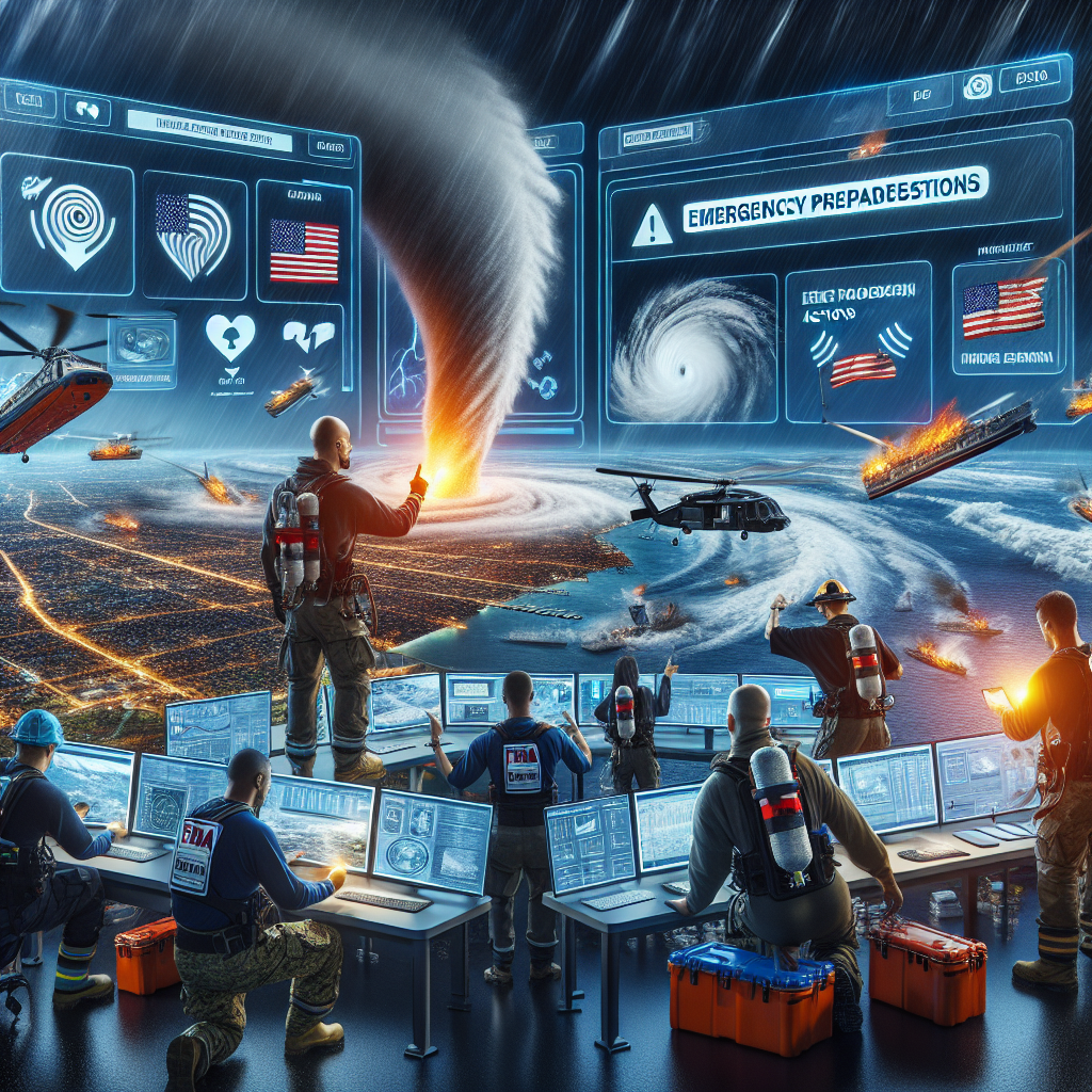 An image demonstrating FEMA emergency preparedness actions for a hurricane. Show a scene where trained rescue operatives, of varying descents like Caucasian and Middle-Eastern, using cutting-edge technology and equipment, are coordinating emergency relief operations. Include alerts popping up on digital screens displaying real-time updates about the hurricane’s movement and intensity. Emphasize the elements of urgency and teamwork, symbolizing the severity of the situation and the importance of preparedness. To illustrate the dangerous weather conditions, depict heavy rain, dark storm clouds, and strong winds in the background.
