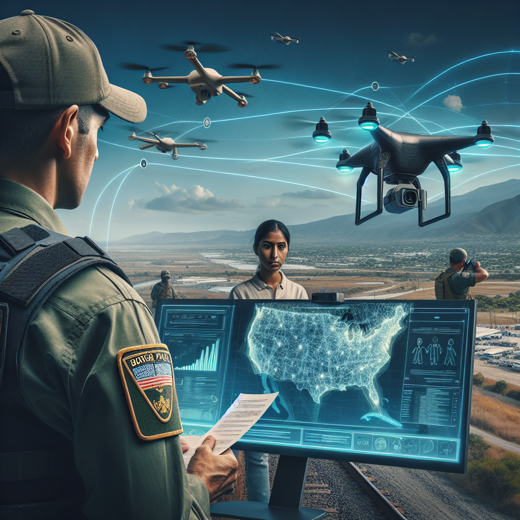 Create an image that symbolizes border security developments and updates on immigration in the US. Show a border patrol officer of Hispanic descent in the foreground, using advanced technology like a computer screen displaying interactive maps. In the background, an aerial perspective of the border with surveillance drones hovering above. A gender-neutral South Asian person is visible in the mid-ground, possibly an immigrant, holding onto their travel documents. Please ensure the overall mood conveys safety, progress and open communication.