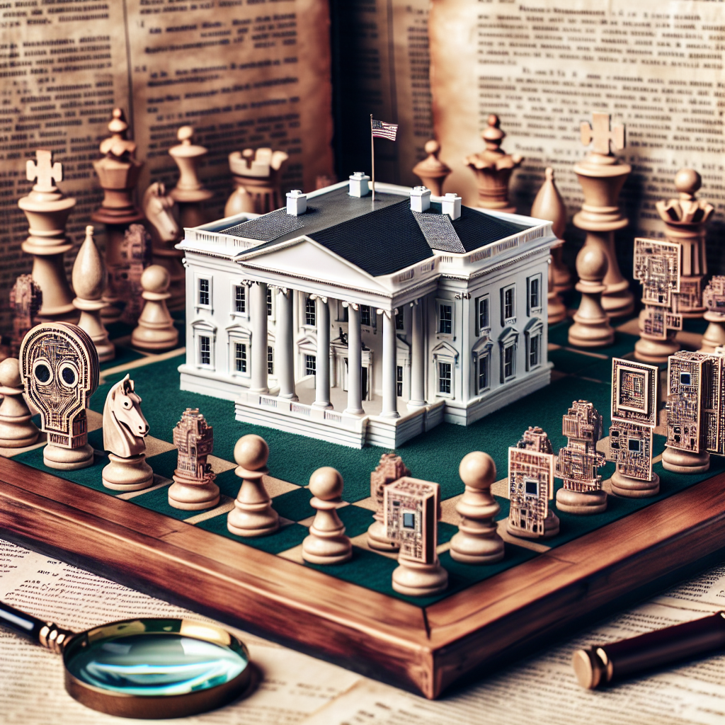 A beautifully constructed model of the White House in solid white, standing at the center of a large, detailed wooden chess board. On the board, you can see intricately carved chess pieces shaped like AI elements, consisting of microchips, circuit boards, and binary code. The chess pieces are actively engaged in a game, indicating strategy and careful thought. The background is filled with faded documents containing legal text. Additionally, imagine an antique magnifying glass, placed to one side, symbolizing close scrutiny of the topic. The picture conveys a thoughtful analysis and planning around the topic of AI Regulation.