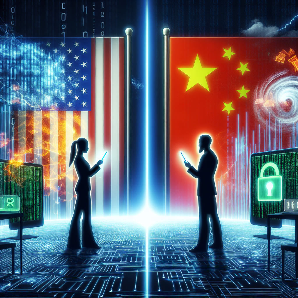 A conceptual representation of a tech showdown between the United States and China. Display two silhouetted figures standing on opposing ends of a digital landscape, one holding a device showcasing an app interface and the other a flag symbol representing governmental control. Between them, a vivid representation of binary code, symbolizing technology. Also, show abstract symbols of tension such as lightning strikes and whirlwinds in the background.