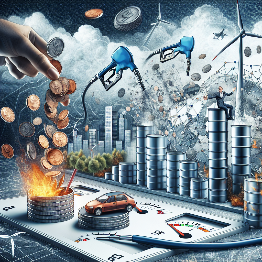 A detailed scene capturing the dynamic nature of the energy markets. In the foreground, visualize the dramatic fall of gas prices, symbolized by a stack of coins tumbling. Off to the side, a fuel gauge showing a full tank and a happy motorist, signaling the benefit to consumers. In the background, an infographic styled drawing showcasing an intertwined web of energy policies, indicating the complexity of the situation. Finally, a pair of hands are navigating through a maze that is built from miniature oil drums and wind turbines, symbolising the strategies needed to navigate the shifting energy policies.