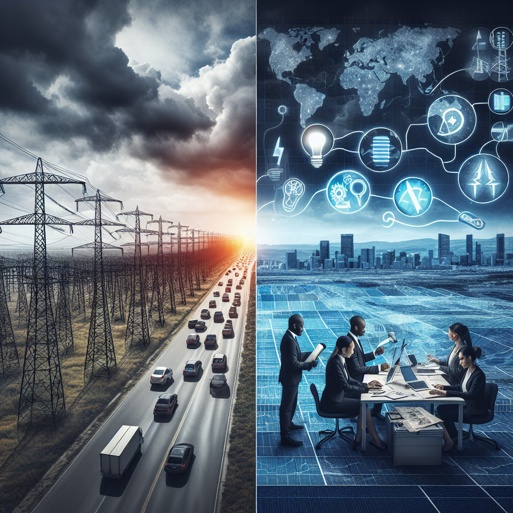 Power grid infrastructure dotted across a vast landscape under a cloudy sky, signifying the nationwide extent. On one side portray a section of the grid in darkness displaying the failure. On the other side, depict a diverse team of professionals, including a Middle-Eastern woman as an engineer and a Black man as an energy expert, working on innovative solutions. These solutions could be symbolized by tools, blueprints, or technology like renewable energy sources, batteries, etc. to prevent the blackout. Desaturate the colors of the failing grid and have vivid hues for the solutions to visually contrast the problem and solution.