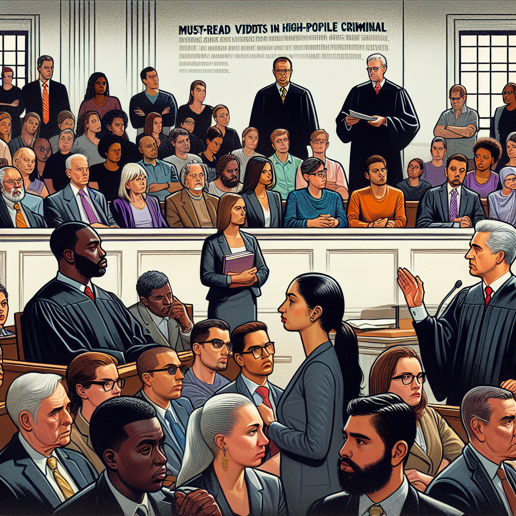 An illustrative representation of a judicial scene within the confines of a courtroom. A diverse jury consisting of members of various descents such as Caucasian, Black, Hispanic, Middle-Eastern, and South Asian are intently watching the proceedings. The male judge, of East Asian descent, is in his black robes about to announce a verdict. The lawyer, a Middle-Eastern woman, is standing, arguing passionately. The room is filled with people of different races and genders waiting to hear the decision. In the background, a wall is inscribed with the words 'Must-Read Verdicts in High-Profile Criminal Trials'.