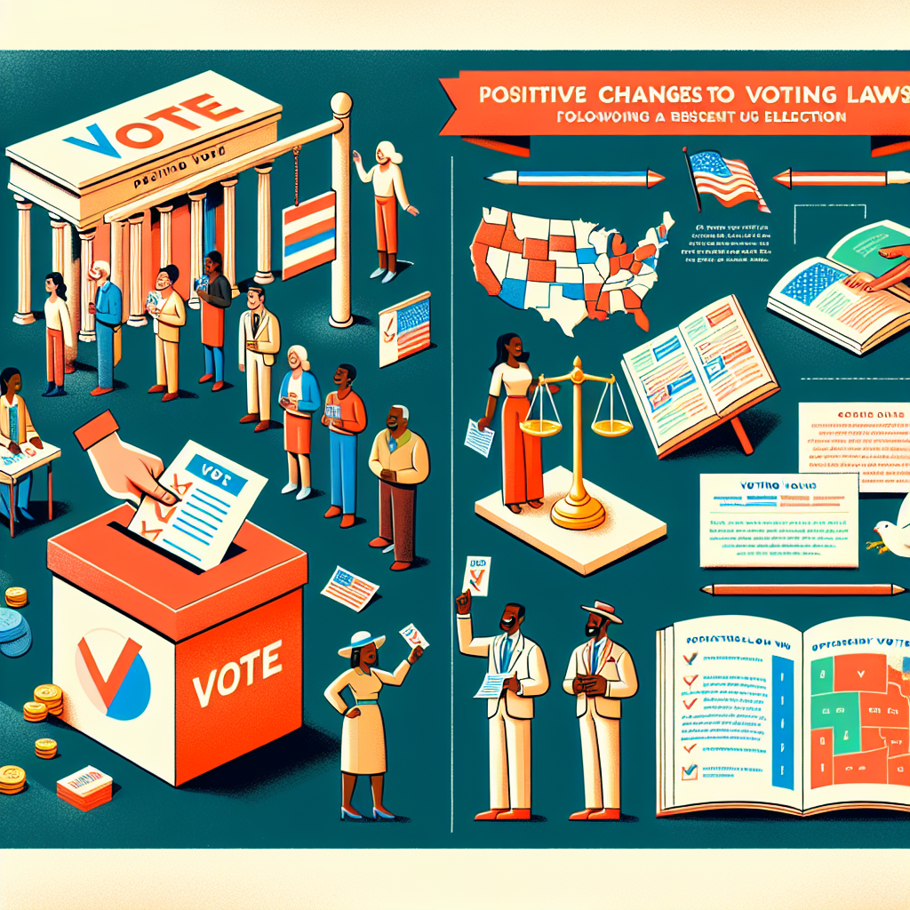 An illustrative guide detailing positive changes to voting laws following a recent US election. The image should be educational and clear, showing examples such as a diverse group of people placing their votes in a cardboard voting box, an updated voting law book, a graphical depiction of the new laws and their benefits, and different state voting maps. Set against a neutral background; the foreground containing vibrant colors to engage the viewers. Can include symbols of justice and democracy like scales and doves. Avoid including any direct or indirect representations of specific politicians or public figures.