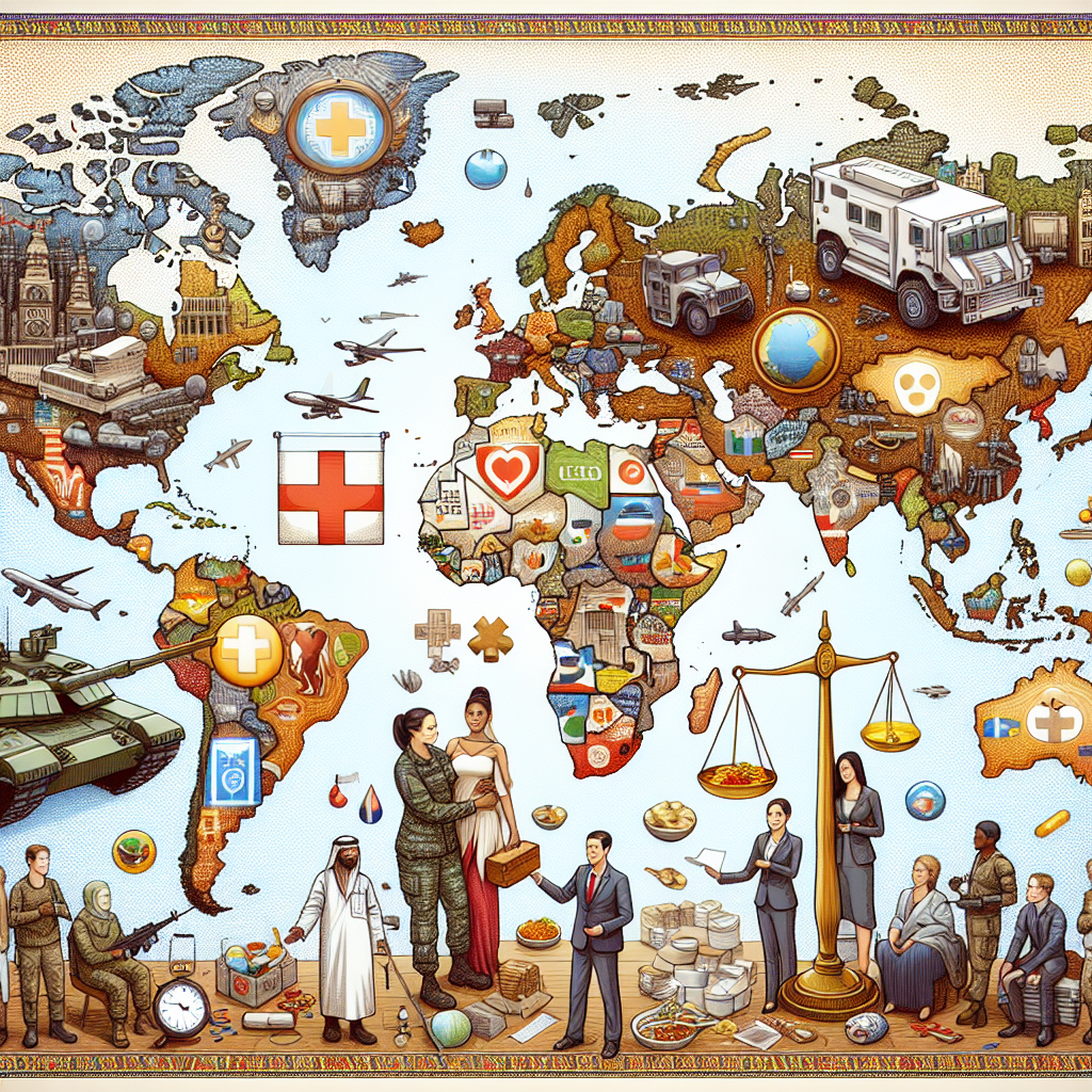 An intricate world map where countries are color-coded according to the amount of US military aid they receive. There are symbolic icons illustrating the kind of aid: tanks for military equipment, medical crosses for medical assistance, and food icons for humanitarian aid. On the side, a diverse group of people represented: A Caucasian male military officer, a Middle-Eastern female aid worker, and a South Asian male analyst, all discussing these global impacts. Include a scales of justice signifying the weighing of decisions. Please avoid all references to specific countries in the labels and depictions.