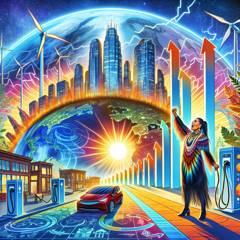 A vibrant, colorful illustration of a cityscape under the bright touching rays of the dawn sun, representing the dawn of a new era fuelled by clean energy. High rises are topped with wind turbines and the streets are lined with charging stations for electric vehicles, portraying the future of urban development. An indigenous woman, wearing a power suit, is passionately presenting the plans for these projects, symbolizing inclusion in this climate-involved legislation enactment. Foreground includes an analytical graph showing an upward trend in clean energy investments, as the city grows with the new infrastructure. The backdrop is a large Earth, its surface visibly healed due to the usage of renewable sources.