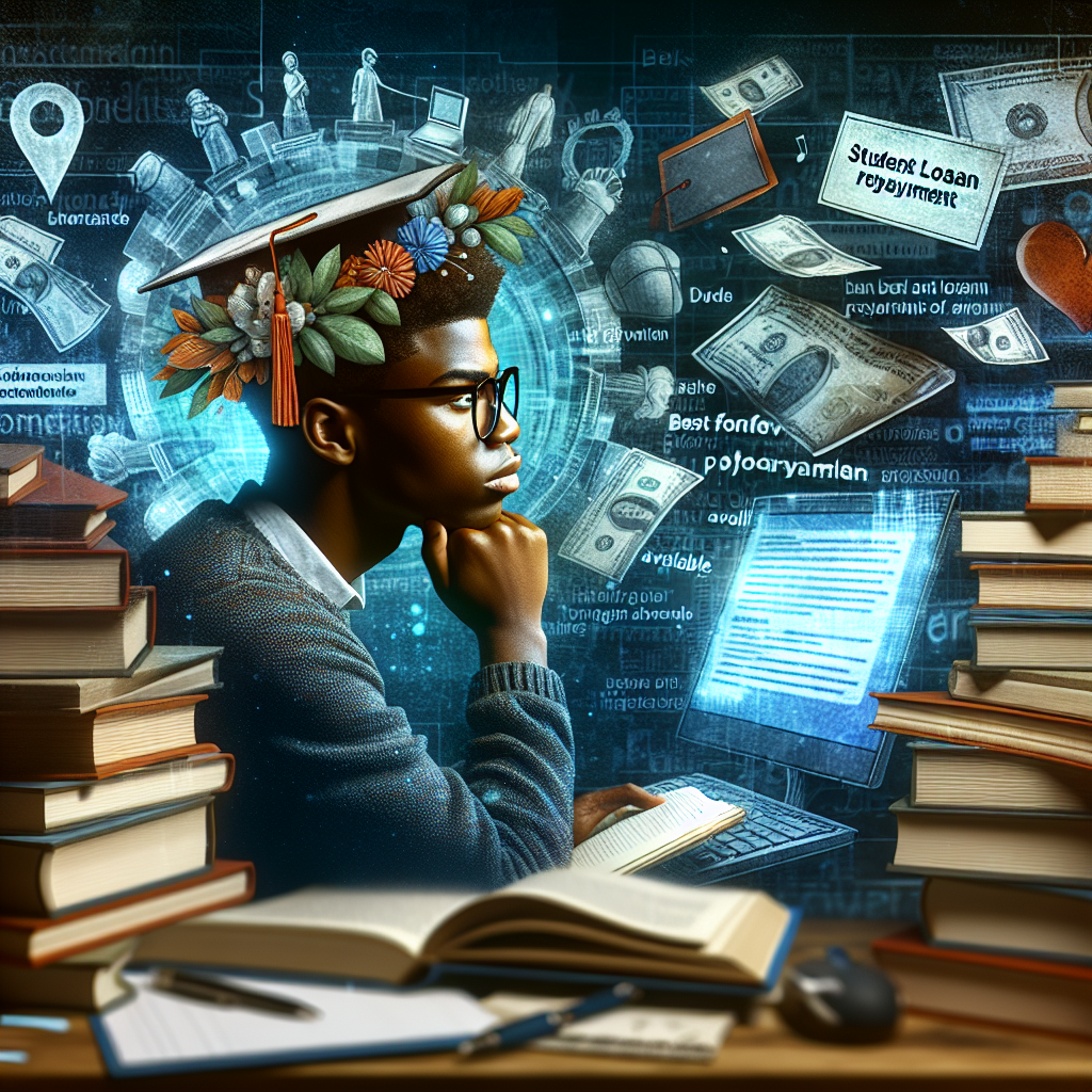A captivating image showing a youthful individual poring over a pile of books and paperwork, their face reflecting a multitude of complex emotions from stress to hopeful elation. In a corner, a computer screen gleams with visible headlines reading 'Student Loan Repayment Updates' and 'Best Forgiveness Programs Available'. The background is filled with symbols of academia, such as a cap and diploma, indicating their pursuit of education. This person is of black descent to ensure diversity.