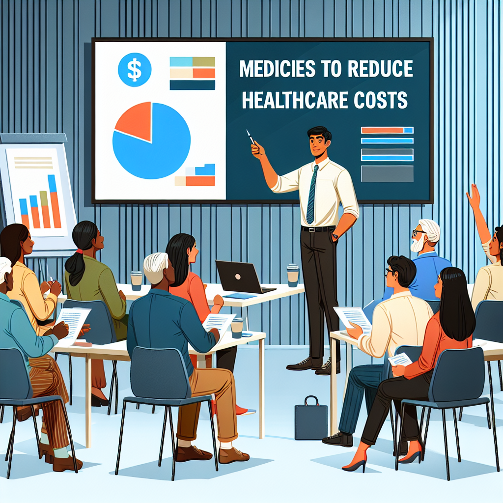 An image depicting a scene where a diverse group of people are actively engaged in a seminar on recent Medicare changes. In the scene, a South Asian male presenter is seen pointing to a large presentation screen showcasing a pie chart representing healthcare costs. In the audience, a Hispanic woman is actively taking notes, a Black man is raising his hand to ask a question, and a Middle-Eastern woman scrutinizing the presentation closely. Everyone seems focused and intent on learning ways to reduce healthcare costs. A banner overhead reads: 'Effortless Tips to Reduce Healthcare Costs'