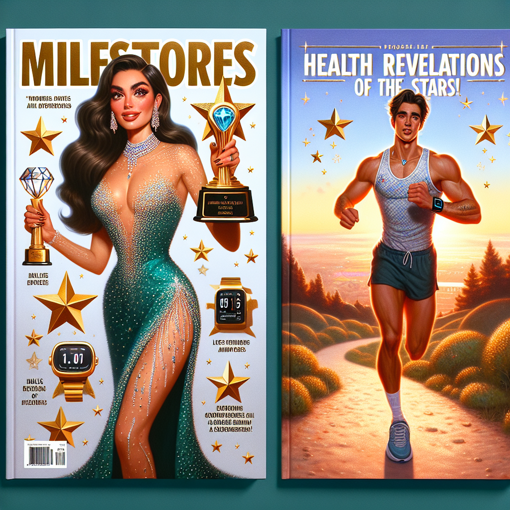 Picture this: A glossy magazine cover featuring a backdrop of golden stars and the ticker 'Milestones & Health Updates'. On the left, a glamorous yet unidentified female actor holding a diamond-studded award, her face beaming with pride, eyelashes fluttering, and a lush teal gown flowing down her body. On the right, a dedicated Hispanic male athlete is seen mid-jog on a scenic trail around sunrise, he's donning a trendy smartwatch that displays his heart rate. Text bubbles hover next to these figures, teasing 'major updates inside!' and 'health revelations of the stars!'