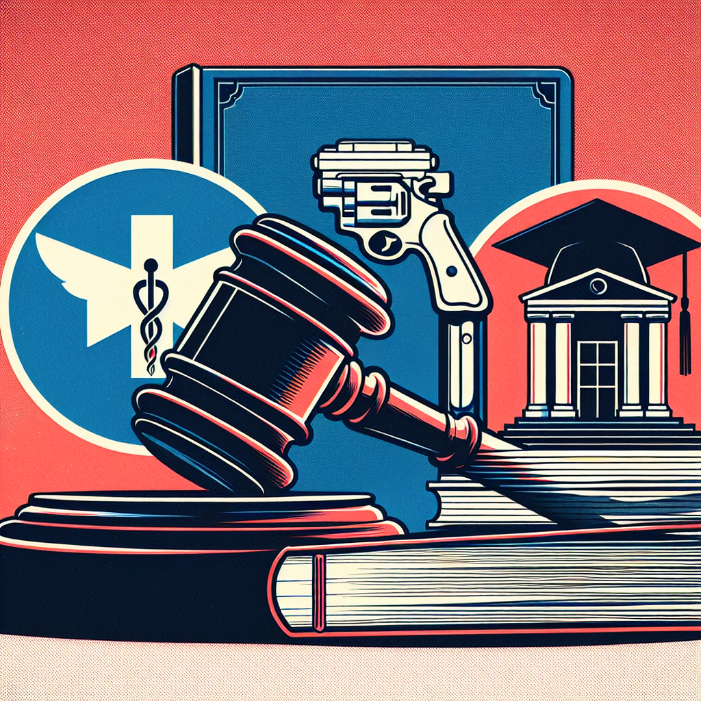 A court gavel striking a surface next to three distinctly themed icons that represent the key issues: a medical symbol for abortion, a handgun for gun laws, and a graduation cap atop a thick book to represent student loans. Background is a silhouette outline of a courthouse styled in a patriotic color palette - red, white, and blue.