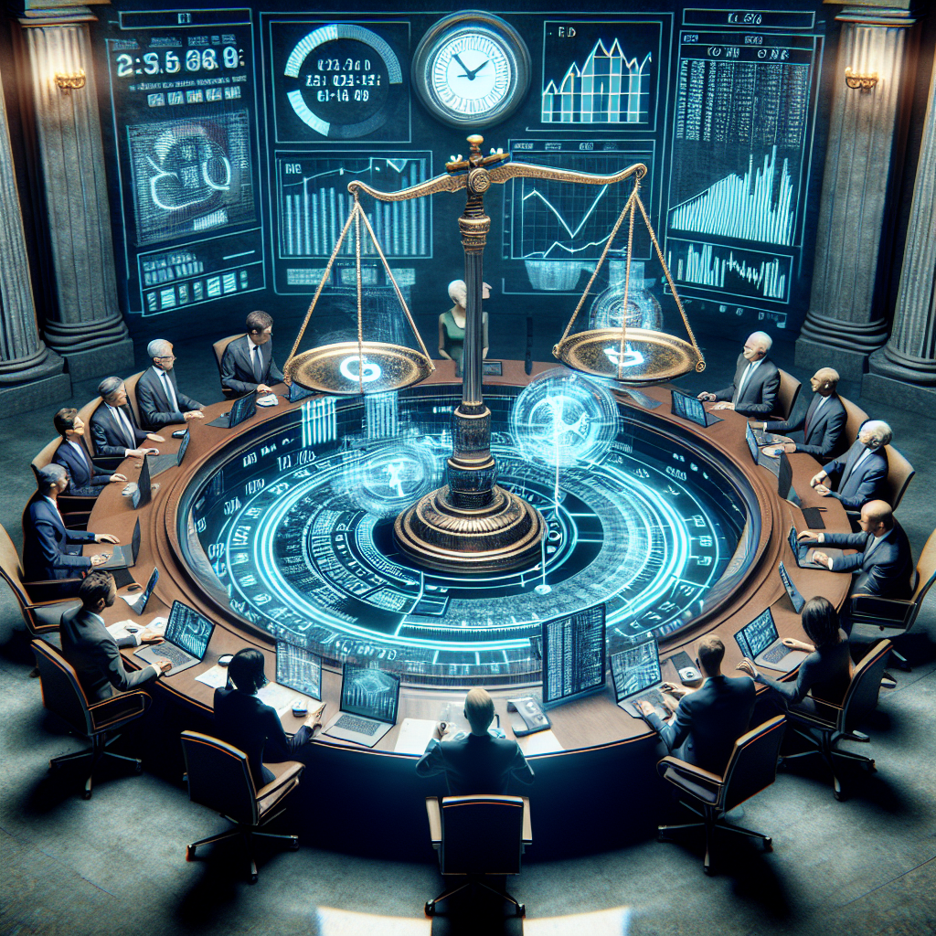 A highly detailed economic scene unfolding in a world-class institution. Picture a large round table with various professional economists of differing descents and genders seated around it. These individuals are busy analyzing complex charts, graphs, and data on futuristic holographic screens. In the middle of the table is a scale, symbolizing balance, on which are two weighty elements: one marked 'Interest Rate' and the other 'Inflation'. Up above, there's a clock with the words 'Federal Reserve' etched into it, hinting at the time-sensitive nature of their decisions. The atmosphere is tense and focused, reflecting the high stakes of their task.