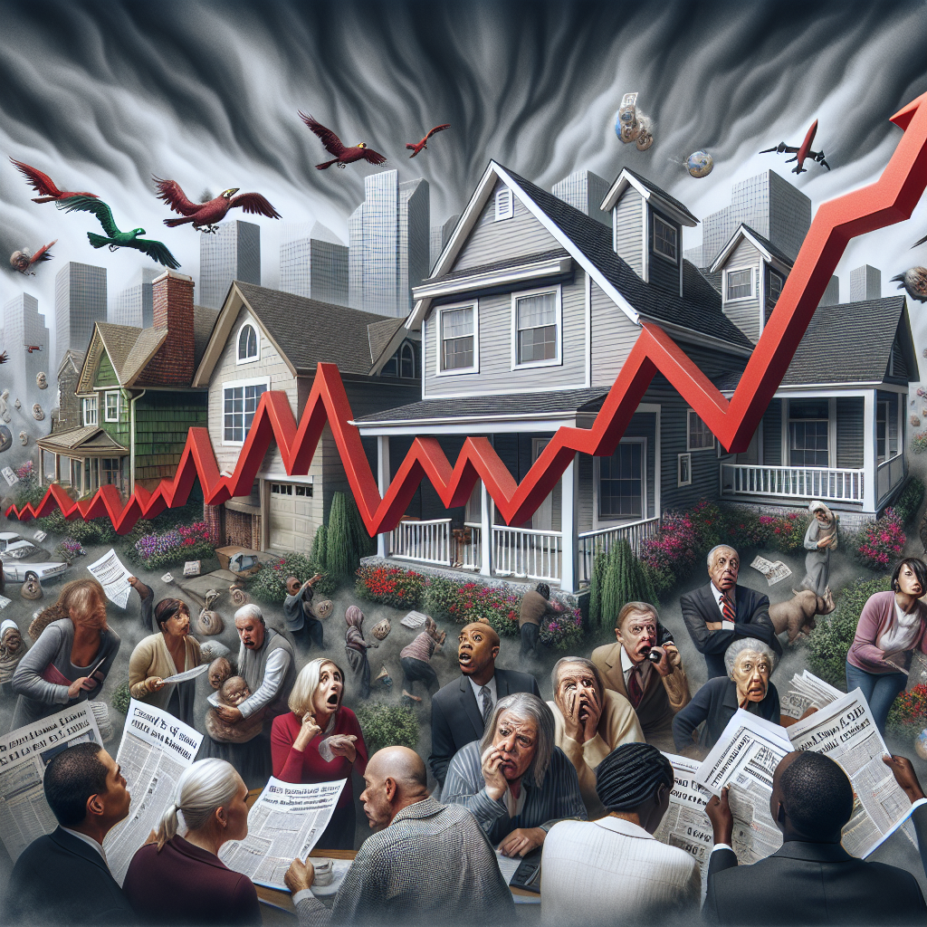 A tumultuous scene representing the current U.S housing market crisis. In the center, a graph showing rising mortgage rates. The graph lines should be red and steep, representing a serious increase. Surrounding the graph, a depiction of various homes, from a small suburban house to larger estates, all the houses should show signs of distress, symbolizing the struggle homeowners are facing. Include people of various descents, such as Caucasian, Hispanic and Black, showing diverse expressions of concern and anxiety while studying the graph. They are trying to find a path through a maze, symbolizing the navigation of the crisis.