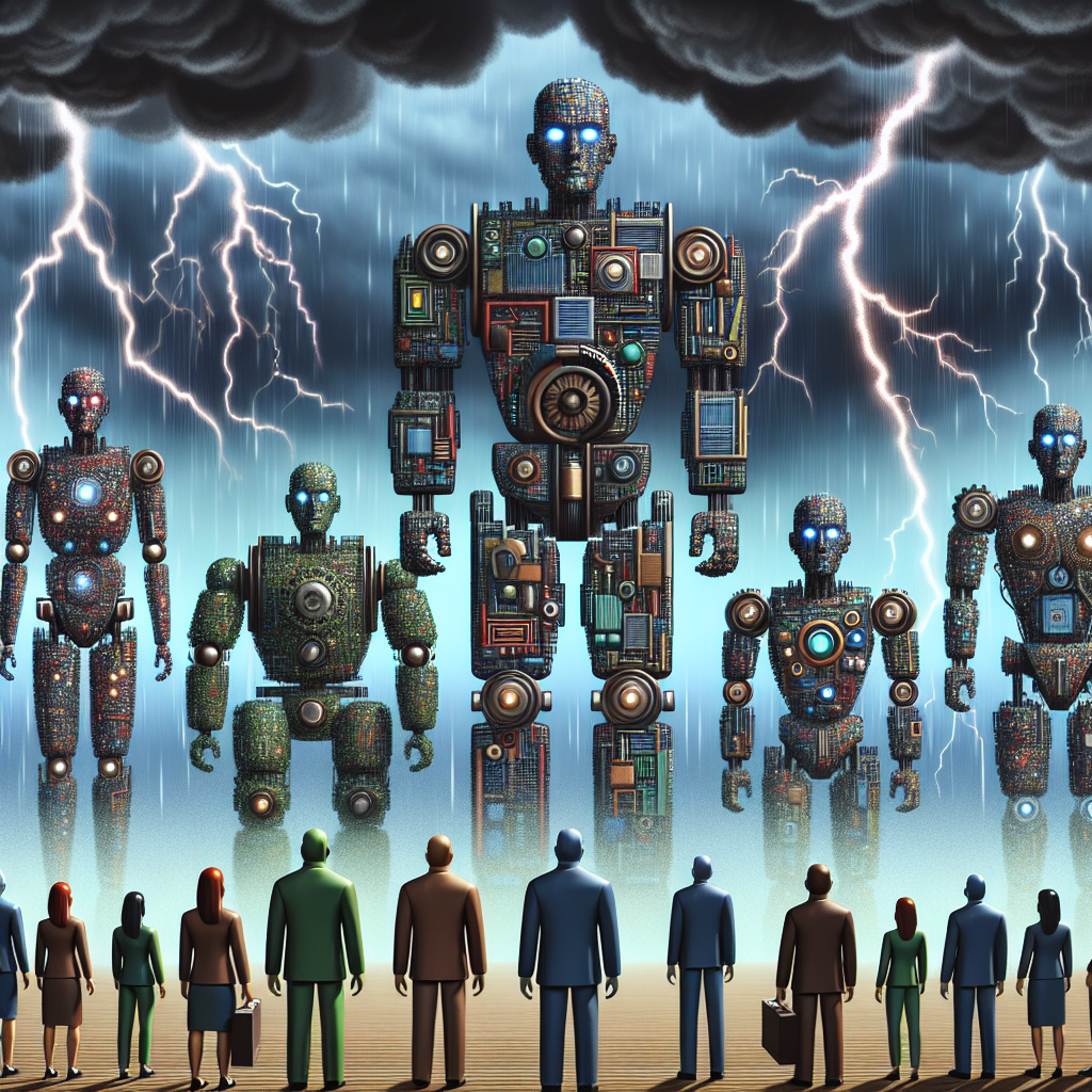An image depicting several colossal, robotic figures representative of tech companies, facing an oncoming storm. Each robotic figure is made up of distinct visual elements related to their industry such as circuit boards, gears, antennas and binary codes. The sky above them is tumultuous and dark, lightening is striking and the robotic figures wince, representing the impact of layoffs. Nearby, small human figures with diverse gender and race (Caucasian, Hispanic, Asian, Black) look on with a mix of apprehension and determination, symbolizing the employees affected by these changes.