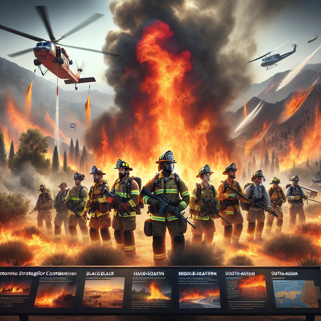 A dramatic scene unveils a wildland fire operation; a team of fire-fighters, both men and women, with diverse descents such as Caucasian, Black, Hispanic, Middle-Eastern and South-Asian fight the roaring flames. They're equipped with modern firefighting tools, demonstrating a well-coordinated strategy that epitomizes optimum heatwave combat techniques. Smoke swirls around as a mammoth red and orange inferno rages in the background, presenting the harsh reality of wildfire emergencies. Above, an helicopter drops a deluge of water, while in the foreground, an information board details the best strategies for combating extreme heatwaves.