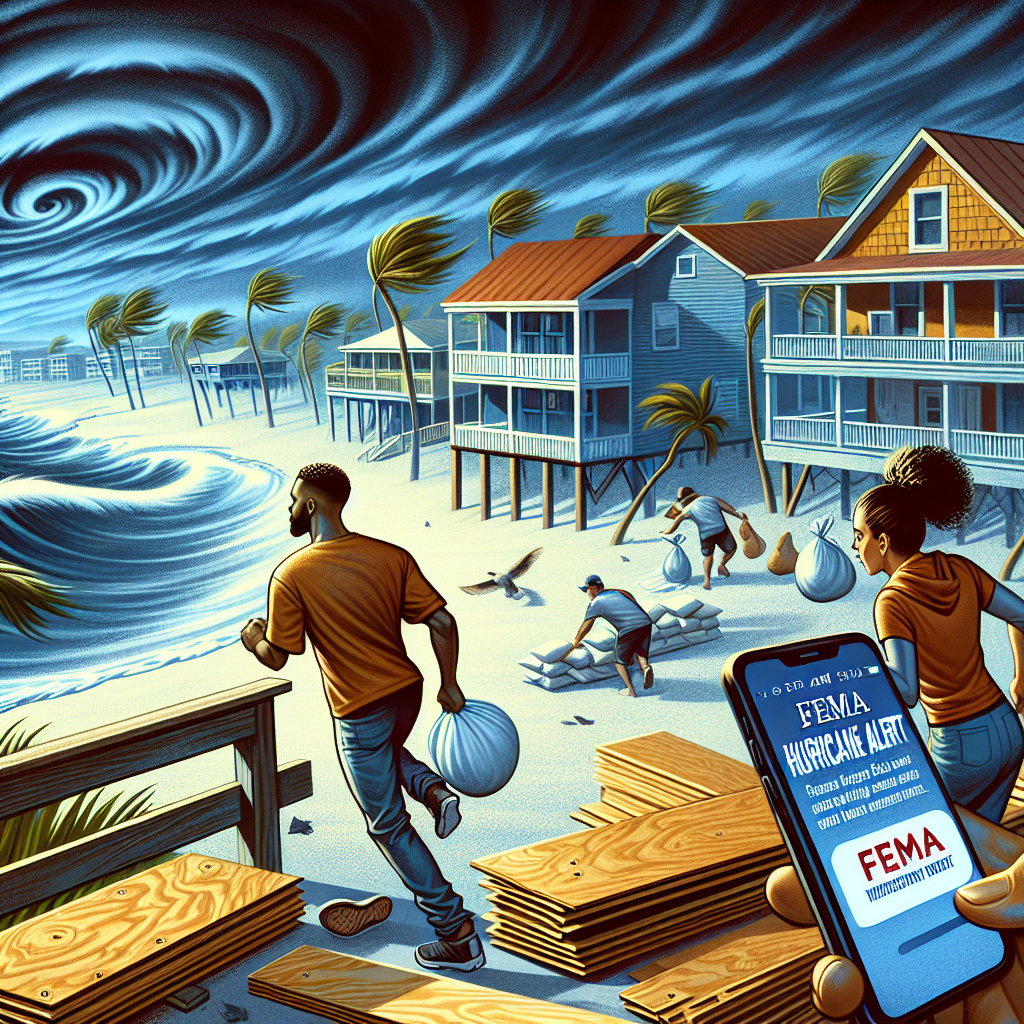 Illustrate a coastal scene during hurricane season representing the urgency of emergency preparedness, initiated by FEMA. The sky should be heavy with swirling dark storm clouds, indicating the imminent arrival of a hurricane. In the foreground, depict a Hispanic male and a Black female rushing to secure their home with plywood and sandbags. Their mobile device screens should display urgent alerts from FEMA, visible with the official FEMA logo and a clear 'Hurricane Alert' message. Seaside houses, swaying palm trees and turbulent sea in the background should enhance the atmosphere of urgency.