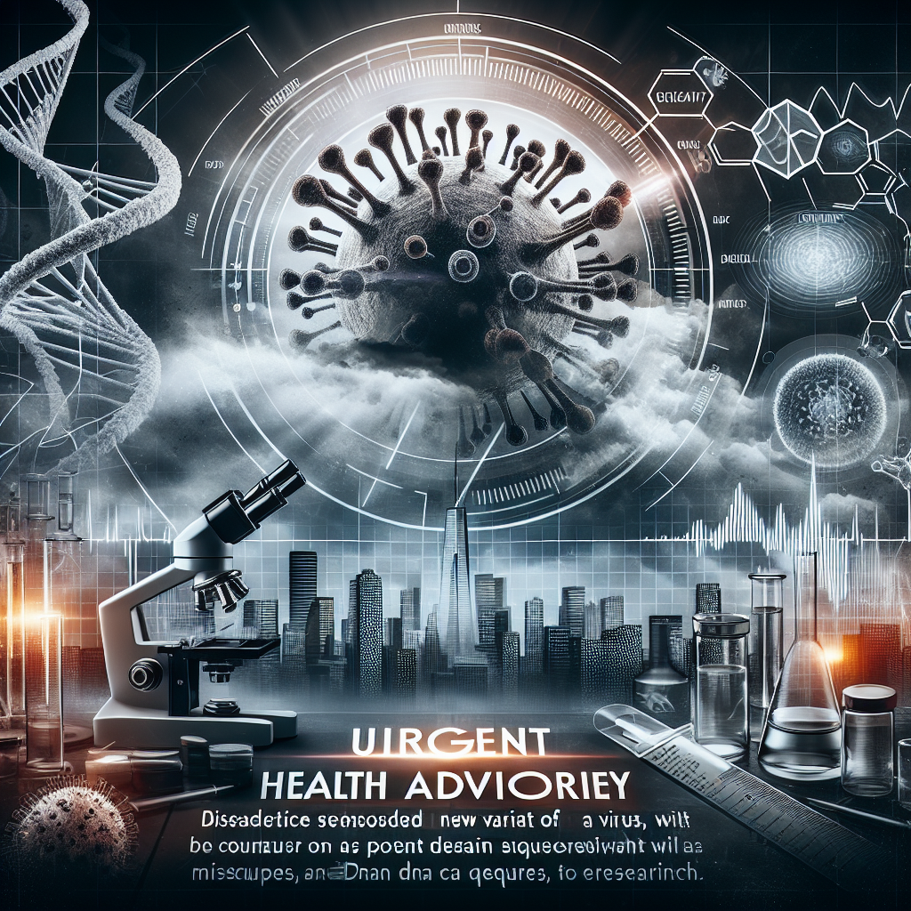 A detailed illustration of a dramatic broadcast message concerning health advisories, with a focus on a potent new variant of a virus. The disease should be represented symbolically, perhaps as a menacing storm cloud looming over a city skyline. The CDC logo is in the corner, exuding an ambiance of scientific authority. Include microscopes, medical graphs, and DNA sequences in the surrounding to highlight the research aspect. The word 'URGENT' is prominently featured, emphasizing the urgency of the situation.