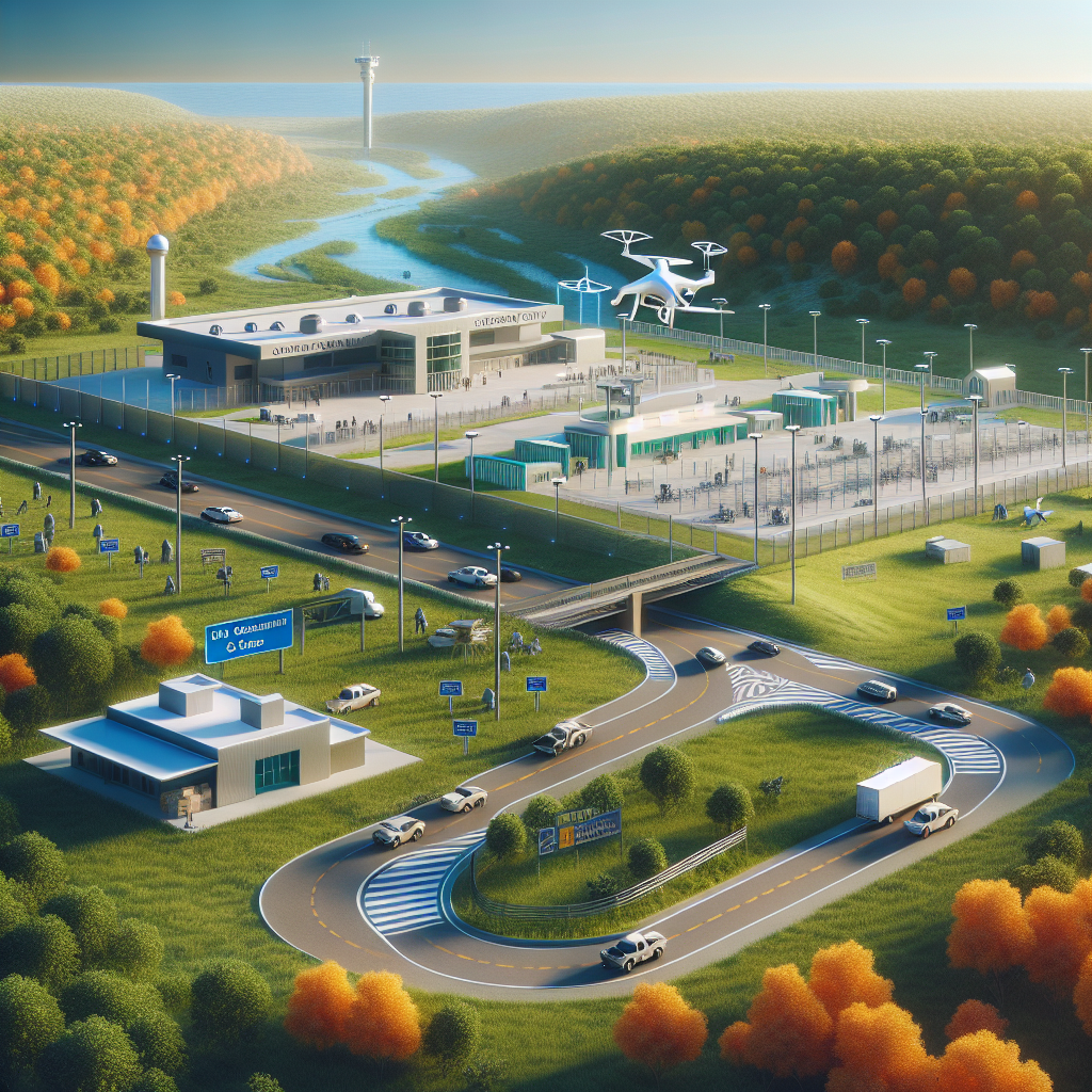 A conceptual image illustrating a positive change in US Immigration Policy. A detailed aerial view of an efficient border security post embedded in a vibrant natural landscape. A complex with modern buildings, advanced surveillance technology like drones and video cameras, well-organized pathways, and vehicles. Beside it, there's a welcoming facility with multi-lingual signs for guided assistance to incoming immigrants. The scene is set in daylight, with calm weather and a clear sky, reflecting a serene atmosphere and orderly operation.