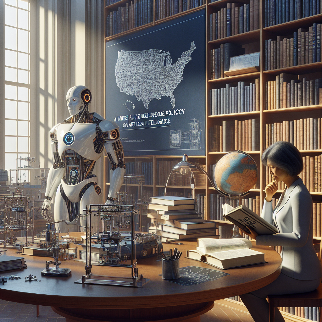 A scene representing the concept of AI regulation: a light-filled room with tall shelves packed with books on artificial intelligence and regulation policies. In the center, there's a large round wooden table covered with blueprints, high tech instruments and a silver robot gazing at the papers. Next to the robot, a middle-aged South Asian woman in professional attire is absorbed in reading a book titled 'White House Policy on Artificial Intelligence'. On the wall, a large map of the United States hangs, suggestive of the nationwide consideration of this policy. The atmosphere suggests serious, thoughtful deliberation.