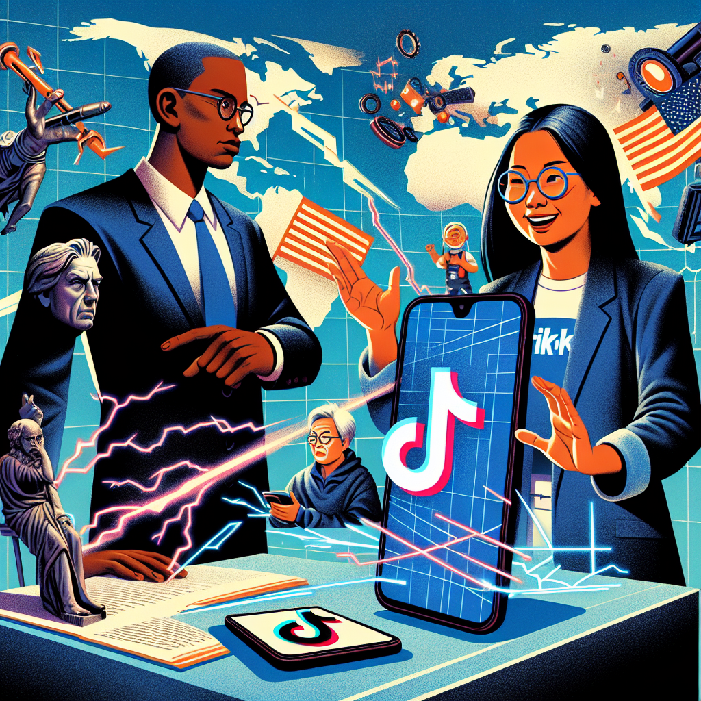 An illustrative representation of the US and China's strained tech relations. On the left, a geography professor standing at a world map with the United States prominently marked. She's a middle-aged Black woman, wearing a formal suit and pointing at the map. On the right, a technology expert, a young South Asian man with glasses, enthusiastically discussing a holographic projection of a smartphone with the TikTok logo on screen. He's wearing casual attire. In the background, graphic elements symbolizing conflict and disagreement like broken chains, lightning bolts, and cracked screens.