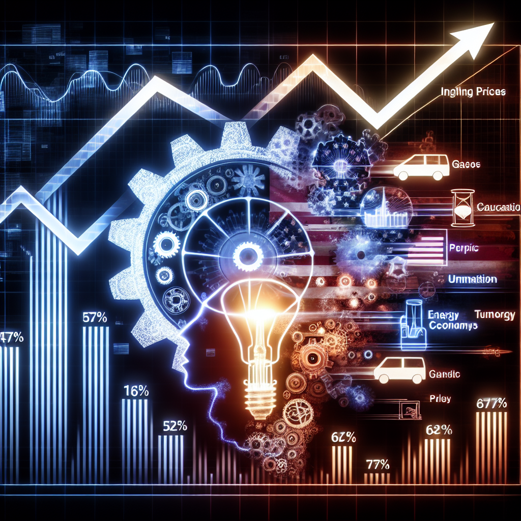 An illuminating analytical diagram illustrating the intricate correlation and dynamics between gas prices, energy policy shifts, and their subsequent impact on the US economy. The image consists of glowing lines and various bar graphs dynamically intertwined, illustrating increasing gas prices at the top. A symbolic representation of policy shifts featuring a large gear or cog incorporates elements of the American flag. The lower half showcases a conceptual representation of the resulting effect on the diverse demographic sectors of the US populace, including Caucasian and South Asian females working in energy-oriented professions.