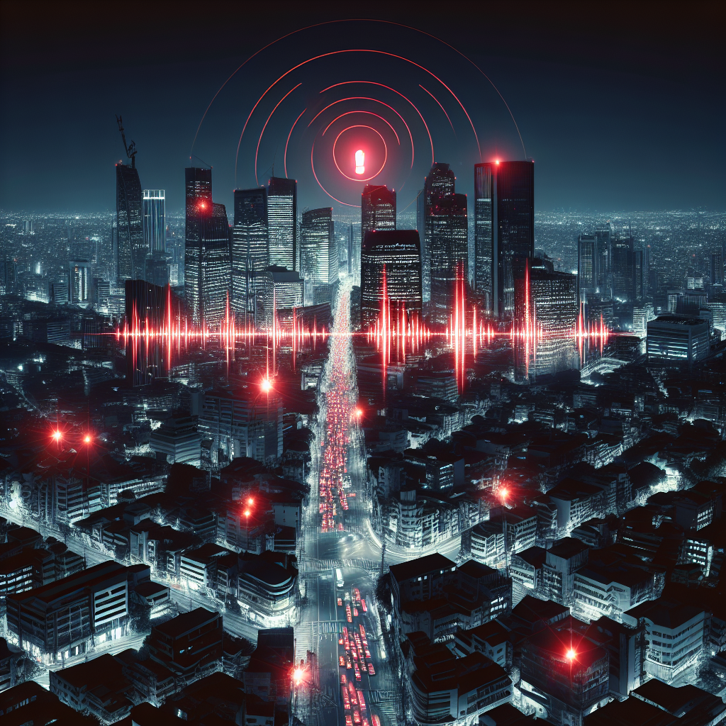 Visualize a night scene of a vast, urban city landscape, teeming with towering buildings and bustling streets. Suddenly, one by one, the lights from the buildings, street lights, and traffic lights start to go out, plunging parts of the city into darkness, representing a power grid failure. Include an alert signal, likely from an emergency broadcast system, superimposed over the image. The signal can be illustrated as a series of red, blinking lines or patterns. Show some people on the streets in various states of surprise and confusion.