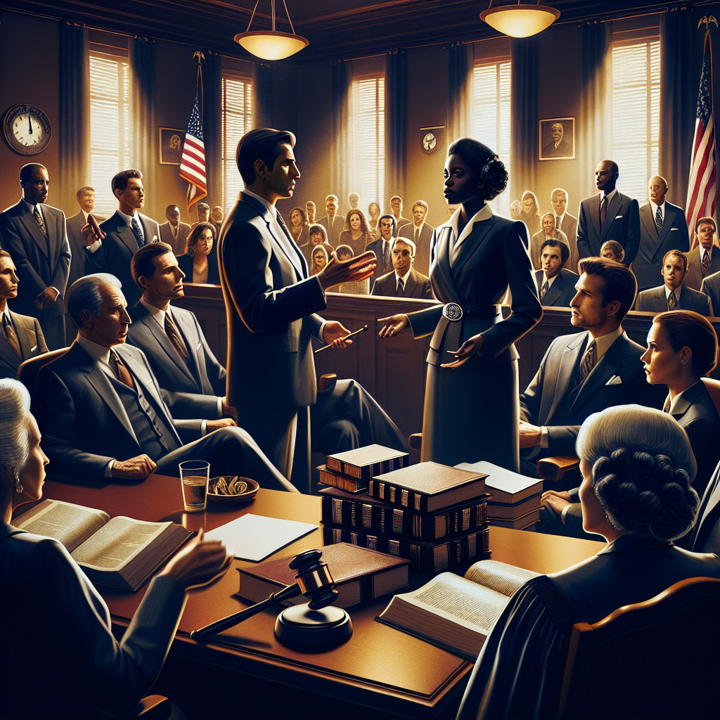Create an evocative image that encompasses the theme of a high-profile criminal trial in the United States. The setting should be a court room full of occupants, with a diverse group of individuals presiding over the trial - a Hispanic female judge, a responsible jury of multiple descents, and two attorneys, a Caucasian male and a Black female engaging in passionate legal discourse. The atmosphere should be intense but respectful, illustrating the magnitude of the trial. Please also include symbolic elements such as a gavel, law books, and the American flag, painting a complete picture of a key verdict.
