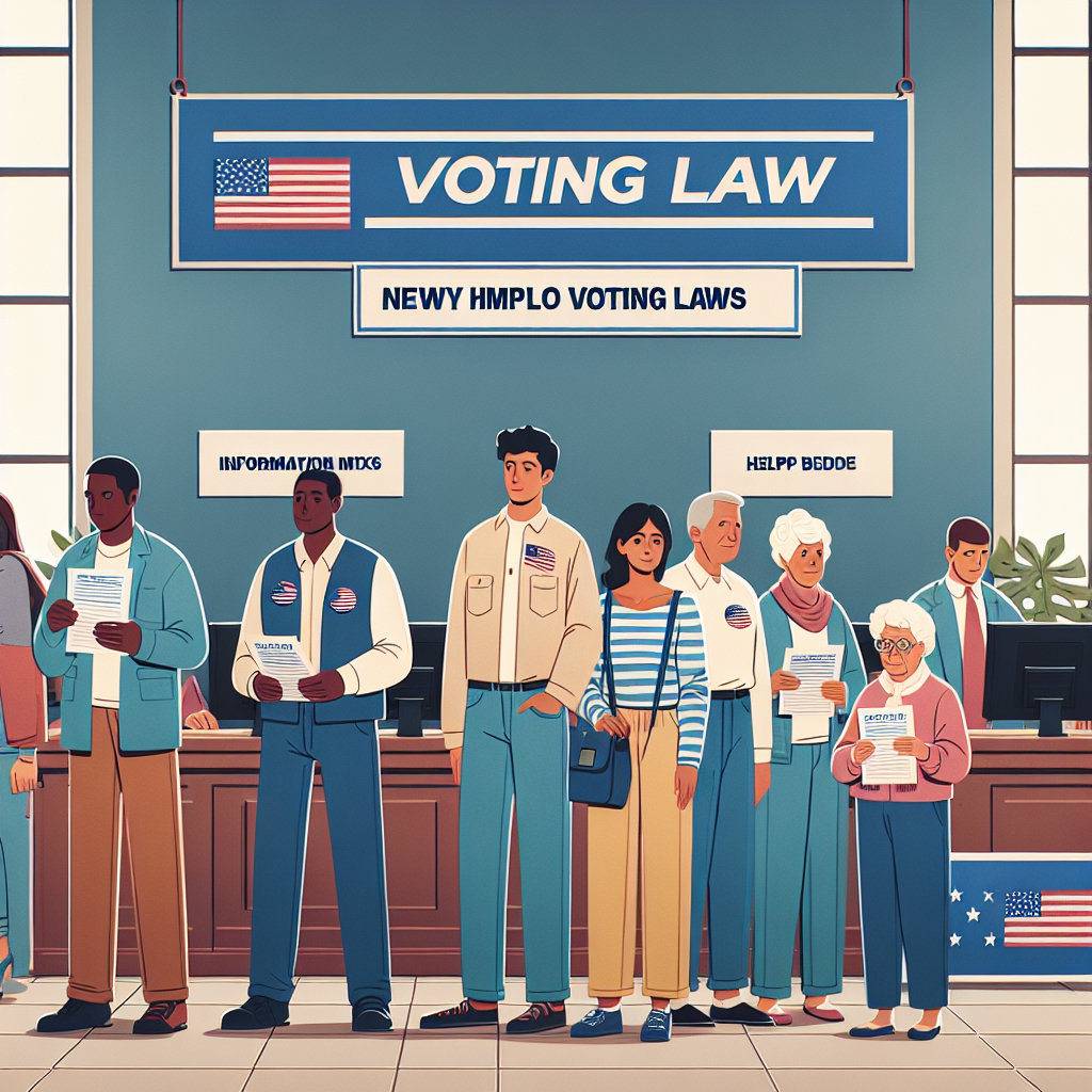 Picture a scene set in a local town hall in the United States. There are signs and banners showing guidance on new voting laws. Diverse mix of people, a Black man, Hispanic woman, Middle-Eastern young adult, and Caucasian elderly woman, are in the queue patiently waiting their turn to vote. Information brochures on newly implemented voting laws are visible in their hands. Employees, a South Asian woman at the helpline desk and a White man at the voting booth, are busy assisting the voters and ensuring smooth operation of the voting process. The atmosphere is calm and orderly, facilitating easy navigation of the new changes.