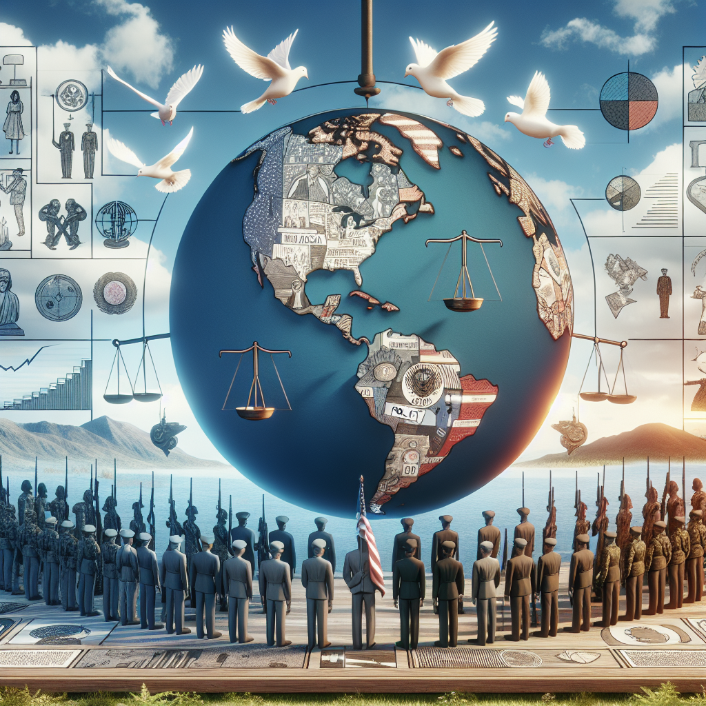 Visualize a conceptual scene of a world map with symbolic representations. Show the North America region emphasized with illustrations of ethical decision scales, suggesting policy balance. Around the map, place figures dressed in military uniforms from different global regions, signifying international defense cooperation, holding olive branches. Include a manuscript depicting strategies and commemorations specifically indicating words such as 'global security' and 'aid'. Also, have a backdrop of a peaceful sky with flying doves to signify global peace.