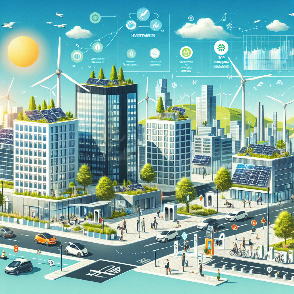 A dynamic and sustainable cityscape under the sunny blue sky. There are modern skyscrapers with solar panels on their rooftops, contributing to clean energy production. Streets are lined with electric vehicles, and charging stations are conveniently located. Wind turbines are slowly spinning in the backdrop, while citizens of various descents and genders are engaged in activities that promote energy efficiency. On the side, there's a visible billboard displaying 'Clean Energy Investments: Top Strategies for Climate Change Legislation'. Make sure to include elements such as a graph showing the growth of clean energy investments.