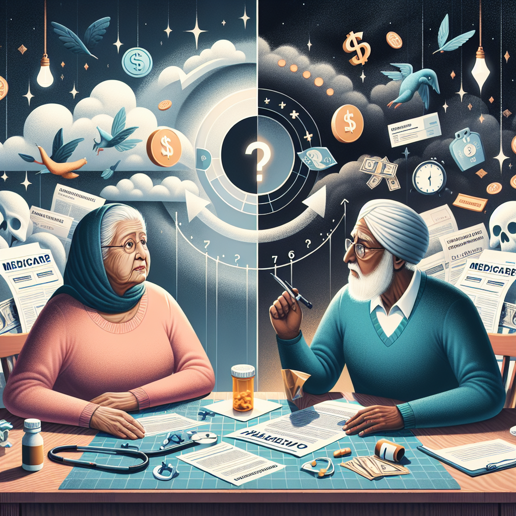A conceptual illustration featuring a South Asian elderly woman and a Middle-Eastern elderly man sitting at a kitchen table filled with medical bills and medicine bottles; they are deep in conversation. Interspersed around them are symbols such as a large question mark, check mark, and currency signs. In the background, the concept of a time transition is depicted, from a dark, cloudy timeline towards a bright, sunny one, alluding to the transitions 'before' and 'after' Medicare changes. A banner in the foreground reads 'Affordable Solutions for Healthcare Costs'.