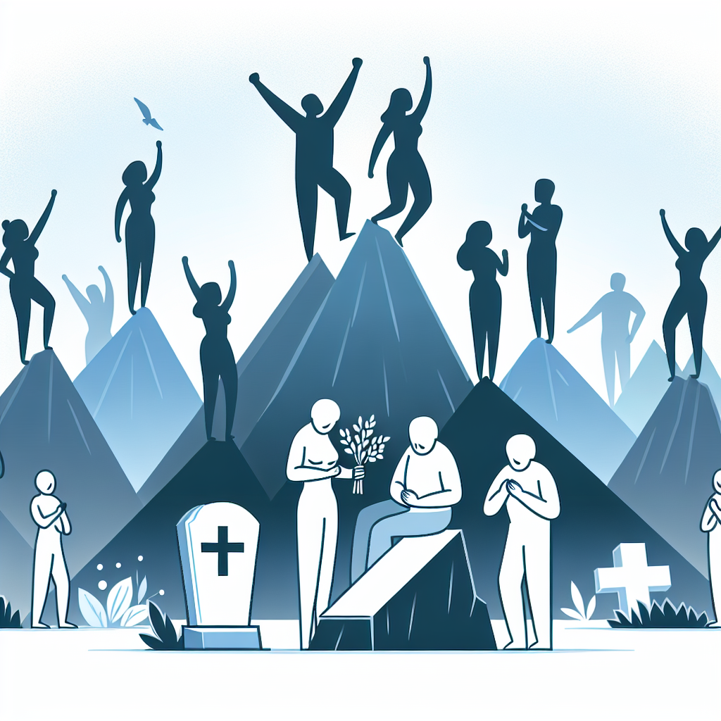 Create an illustrative image for a generic health update article, depicting several figures of different genders and descents. Create one group of figures expressing joy and accomplishment as they standing atop a mountain peak symbolizing overcoming health challenges and reaching major milestones. Create another group of figures expressing sadness and mourning by a symbolic grave, representing heartbreaking losses. Make sure the overall tone of the image is respectful and informative, suitable for a news article.