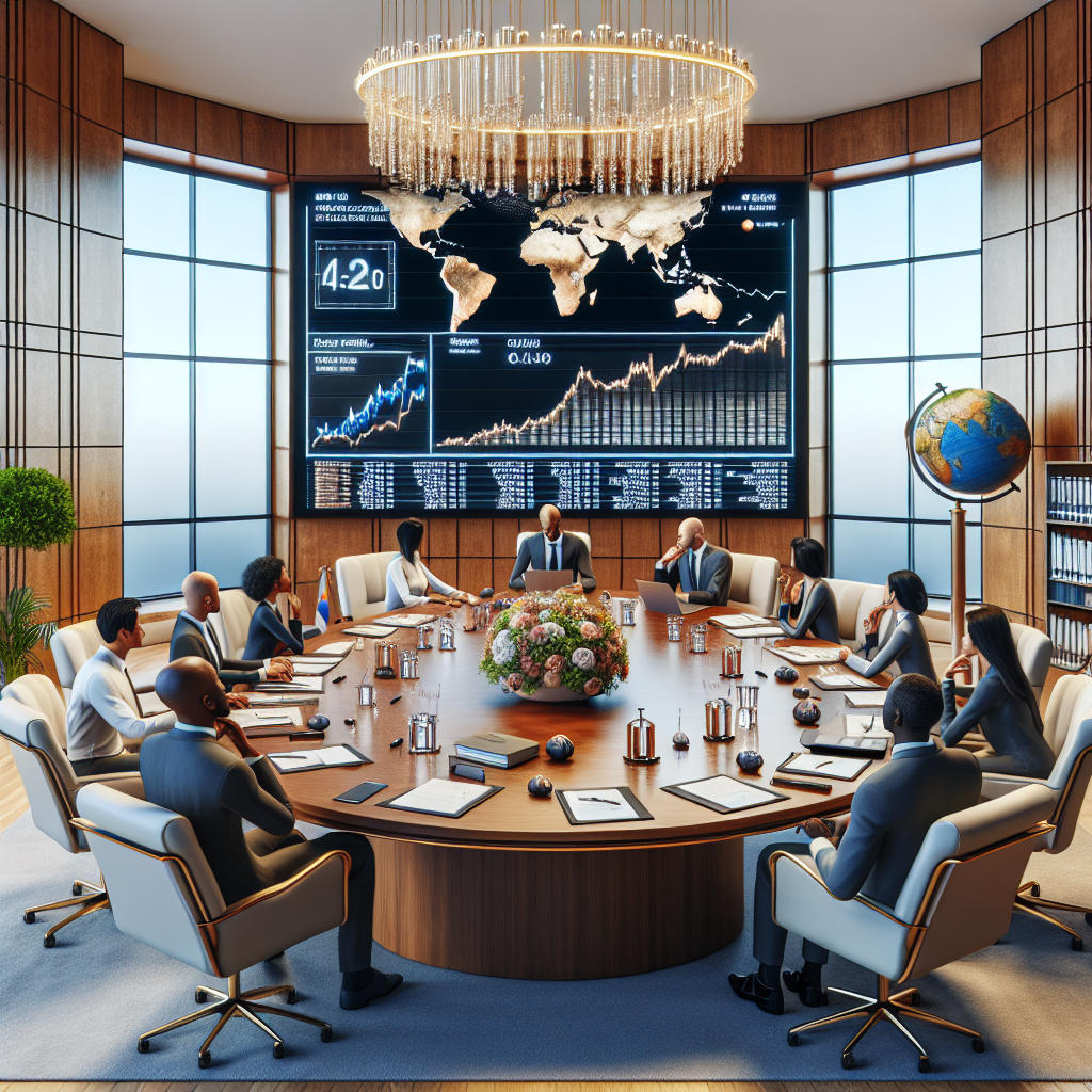 Visualize an informative scene for an article. The image centers around a large, wooden conference table in a spacious board room. Upon the table, there are several folders, papers, delicate glasses, and decorous pens used for serious discussions. A prominent digital screen on one wall shows graphs and charts related to the fluctuating interest rates. A globe sits on a side table, symbolizing the global impact of the decisions made in this room. The room accommodates a diverse group of Caucasian and Black people, both male and female, debating, studying data, and making informed decisions.