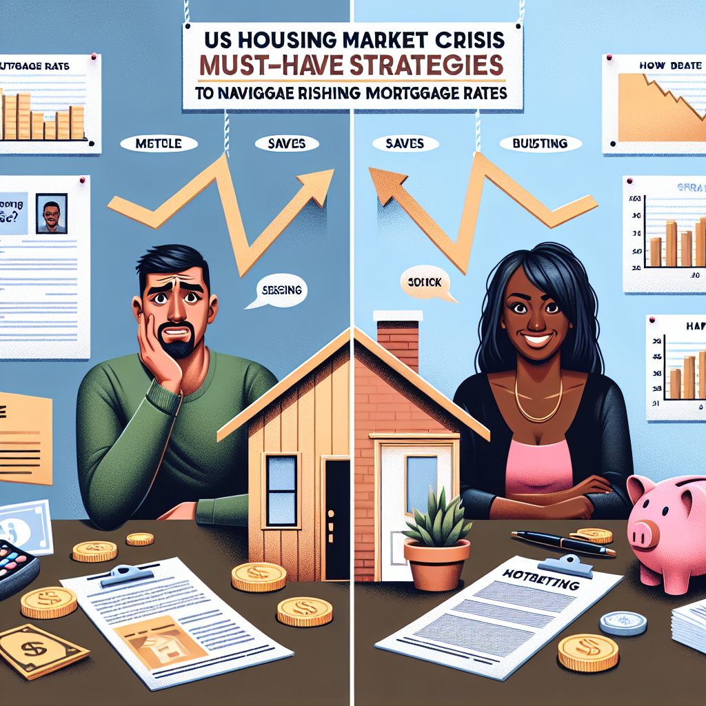 An illustration that depicts crucial strategies to navigate the current US housing market crisis amidst rising mortgage rates. On one half of the picture, depict a stressed couple, a Middle-Eastern man and a Black woman, surrounded by paperwork and a graph showing rising rates. The other half should show the same couple, but now smiling and relaxed after adopting strategy. The strategies can include a board with written financial advice, a piggy bank symbolizing savings, and a calculator for better budgeting. Include the title 'US Housing Market Crisis: Must-Have Strategies to Navigate Rising Mortgage Rates' at the top.