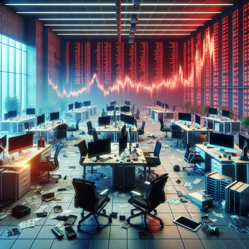 Visualize a scene of an office space typically associated with technology companies, marked with clear signs of abrupt abandonment. Devoid of people, desks are cluttered, chairs are in disarray. Imagine a large digital stock market screen in the background displaying rapidly falling numbers in red. Also, include some visible tech gadgets such as server stacks, computers, and VR equipment around the room. Elements of shock, surprise, and financial crisis should dominate the scene.