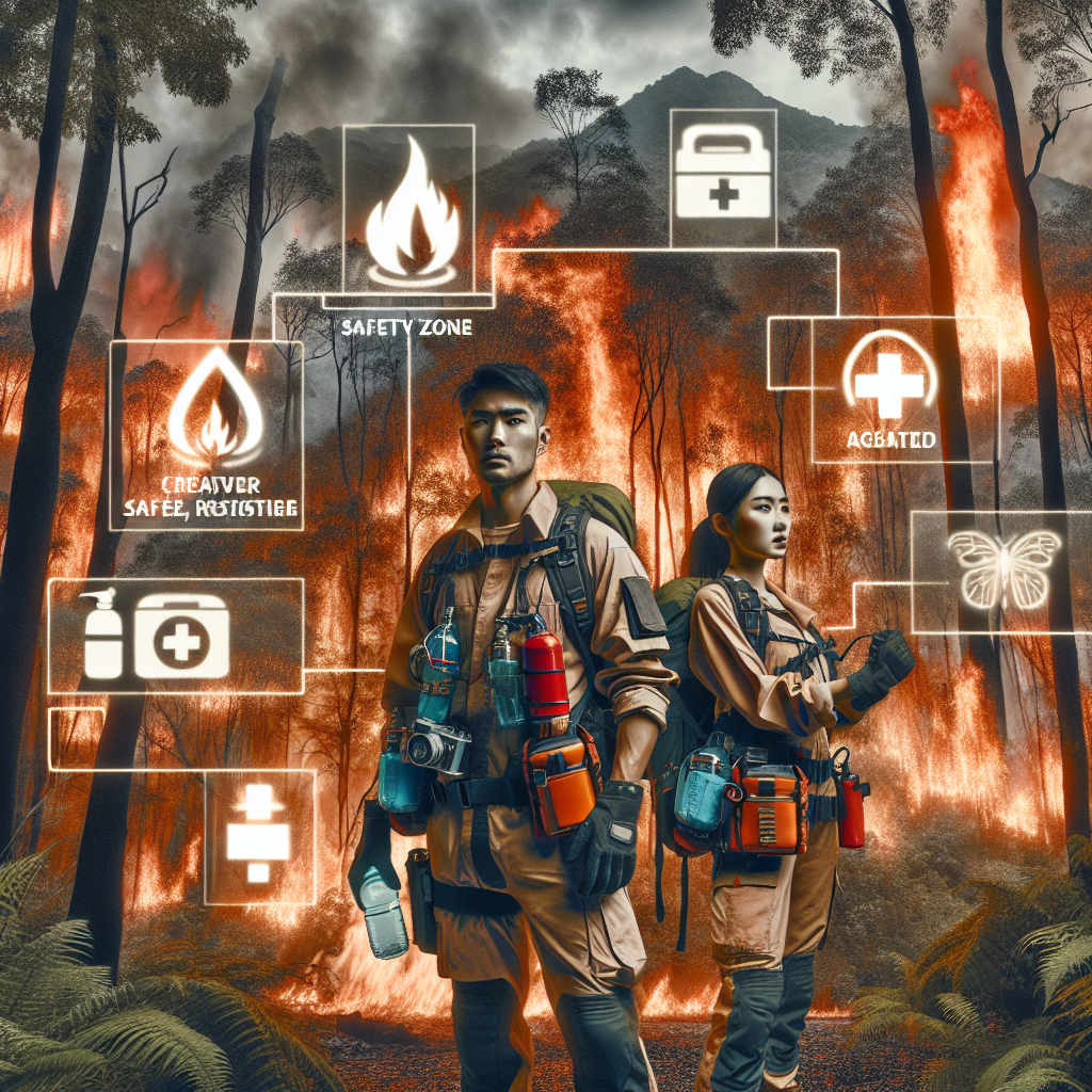 An intense and scenic depiction of a dense forest area with flames sprouting from the trees coupled with an overlay of urgently needed survival tips. Feature a South Asian man and a Middle-Eastern woman, both in protective clothing and equipped with survival gear like water bottles, first-aid kits, heat-resistant gloves, and face masks. Show them actively implementing survival strategies such as creating a safety zone, staying hydrated, and spotting signs of heatstroke.
